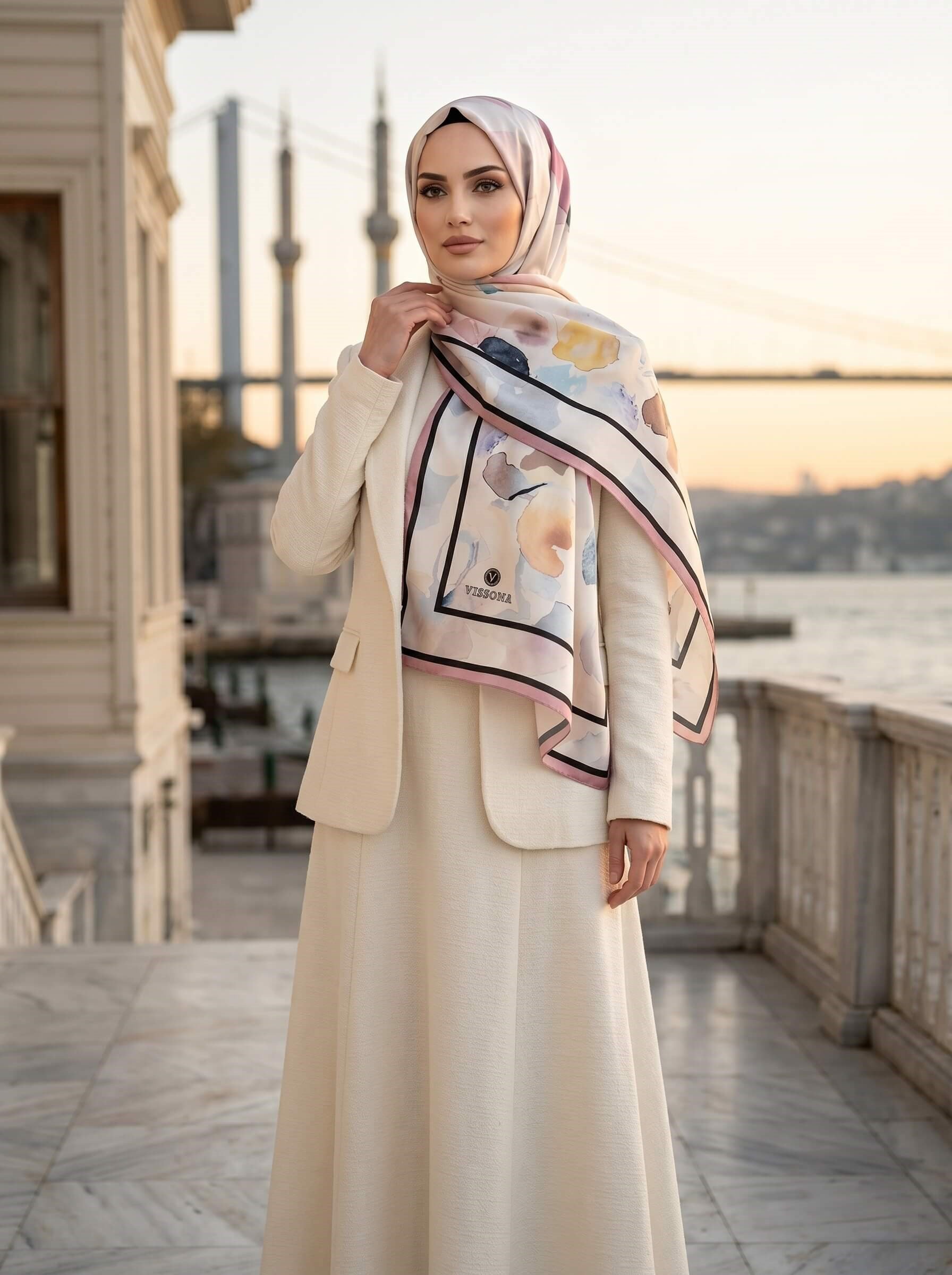 %100 Saf İpek Şal İnce Saten Vual Dokuma Suluboya Çiçek Desenli Bej - Gül Kurusu Renkli 90x210 Şal