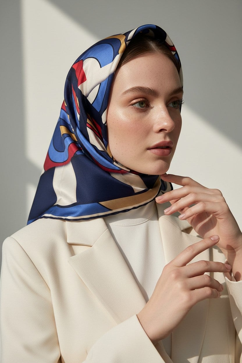 100% Twill İpek Geometrik Desenli Lacivert - Bordo Renkli 90x90 Dikim Şekli : El Dikişi Eşarp
