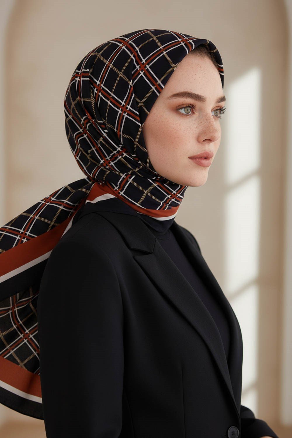 KREP EKOSE DESENLİ SİYAH - BORDO RENKLİ 75X195 KIRIŞMAZ ŞAL