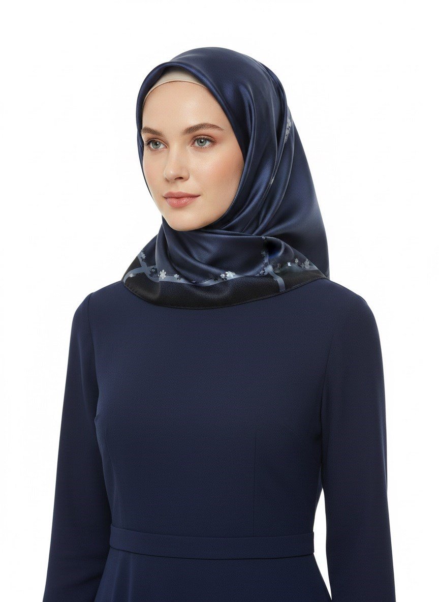 %100 Twill İpek Kenar Motifi Çiçek Desenli İndigo - Lacivert Renkli 90x90 Eşarp Dikim Şekli : El Dikişi