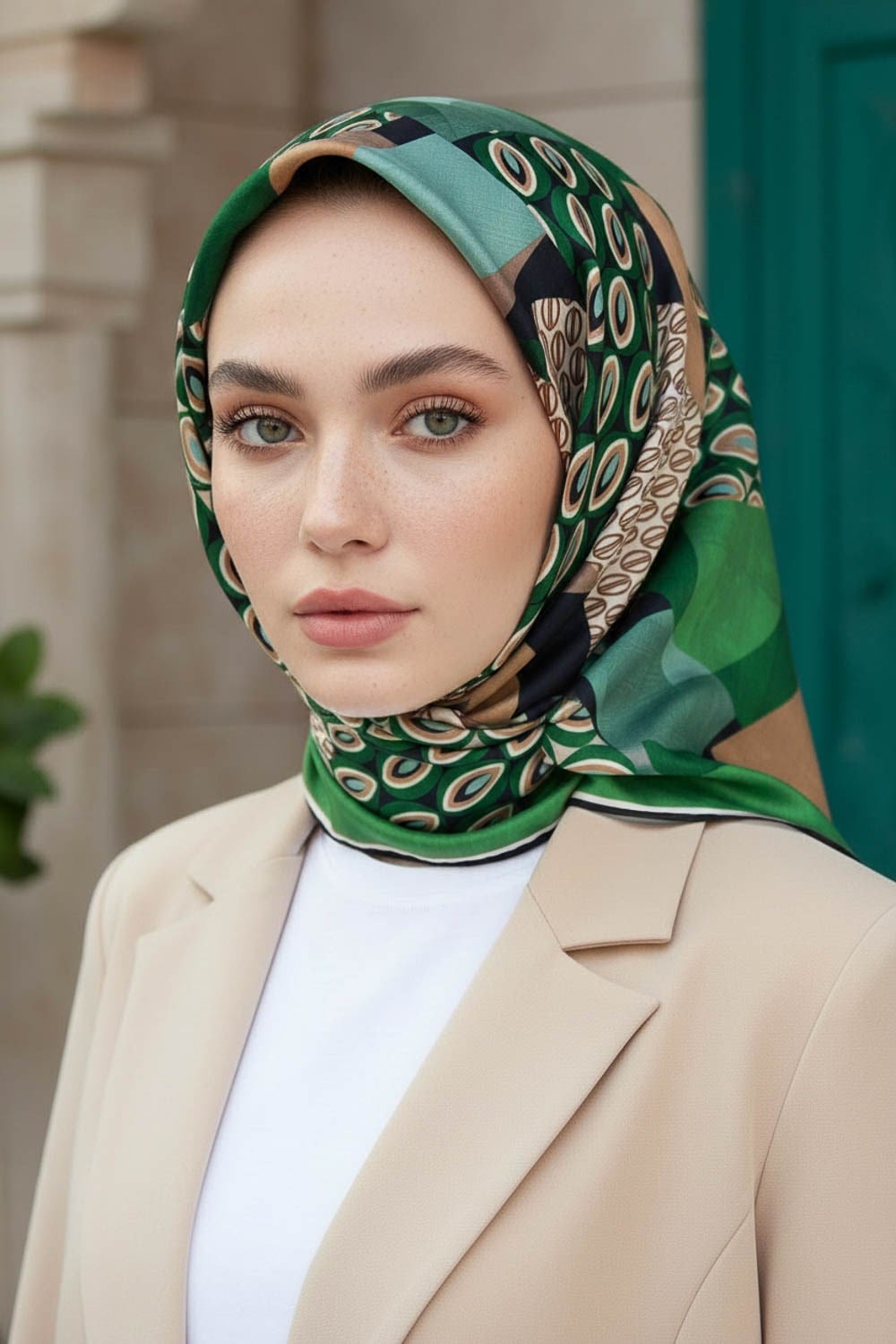 %100 Twill İpek Geometrik Desenli Zümrüt Yeşili - Bej Renkli 90x90 Eşarp Kenar Dikiş Şekli El Dikişli