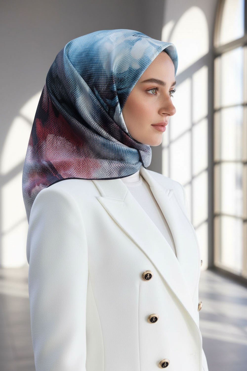 %100 Twill İpek Dokulu Ve Çiçek Desenli Turkuaz - Bordo Renkli 90x90 Eşarp Dikim Şekli : El Dikişi