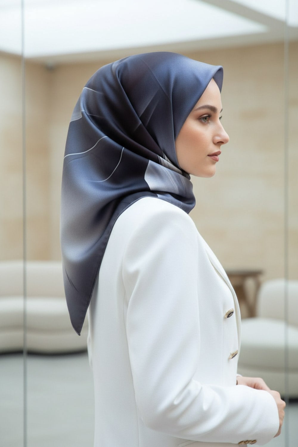 %100 Twill İpek Degrade Duman Gri Renkli 90x90 Eşarp Dikim Şekli : El Dikişi
