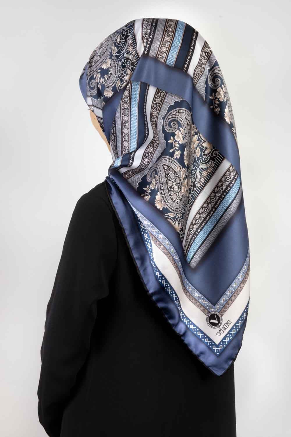 Twill Şal Desenli İndigo - Gri Renkli 90x90 Eşarp (İpek İçermez) Kenar Dikiş Şekli El Dikişli