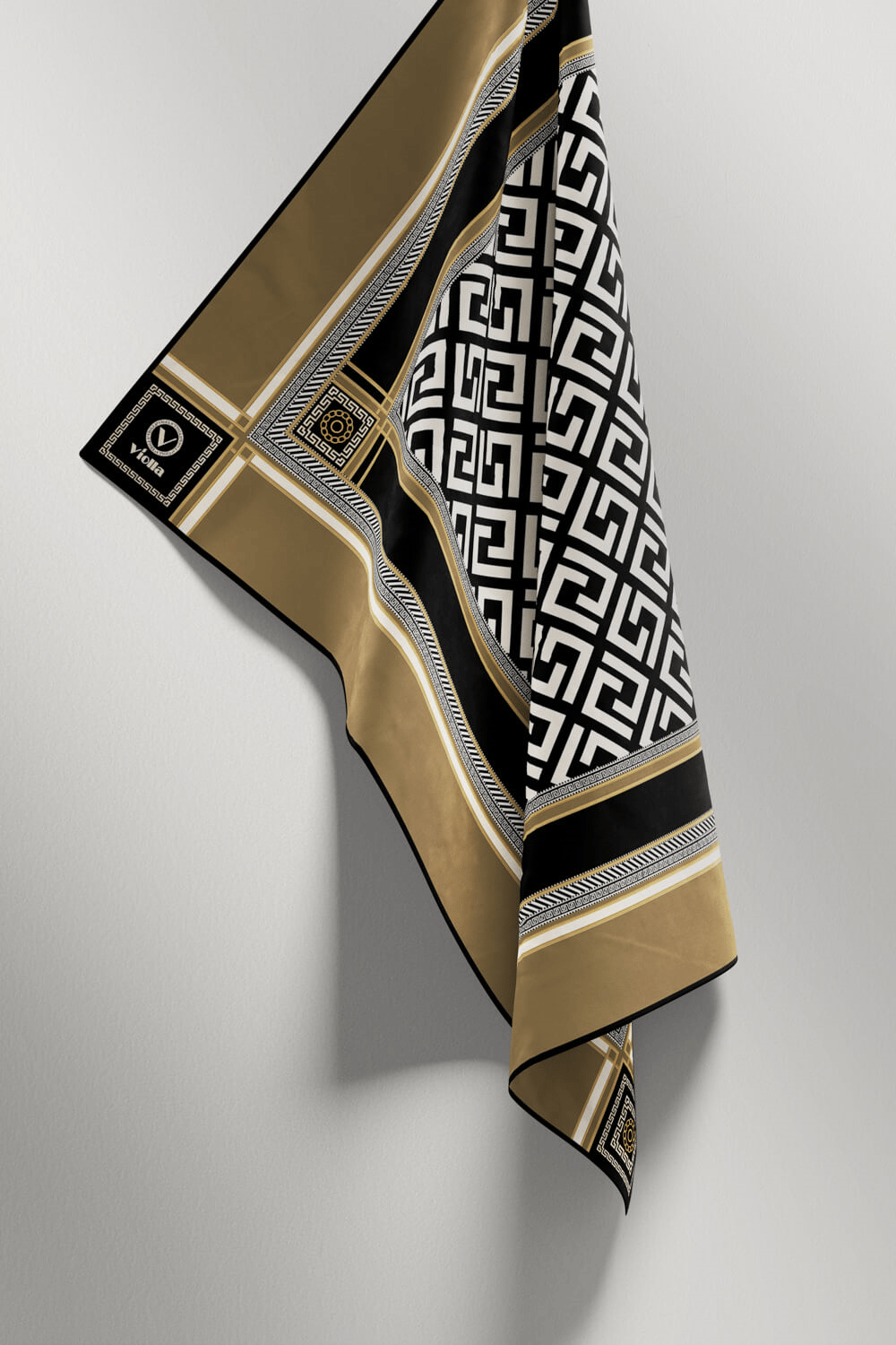 Twill Antik Desenli Bej Renkli 90x90 Eşarp (İpek İçermez) Kenar Dikiş Şekli El Dikişli