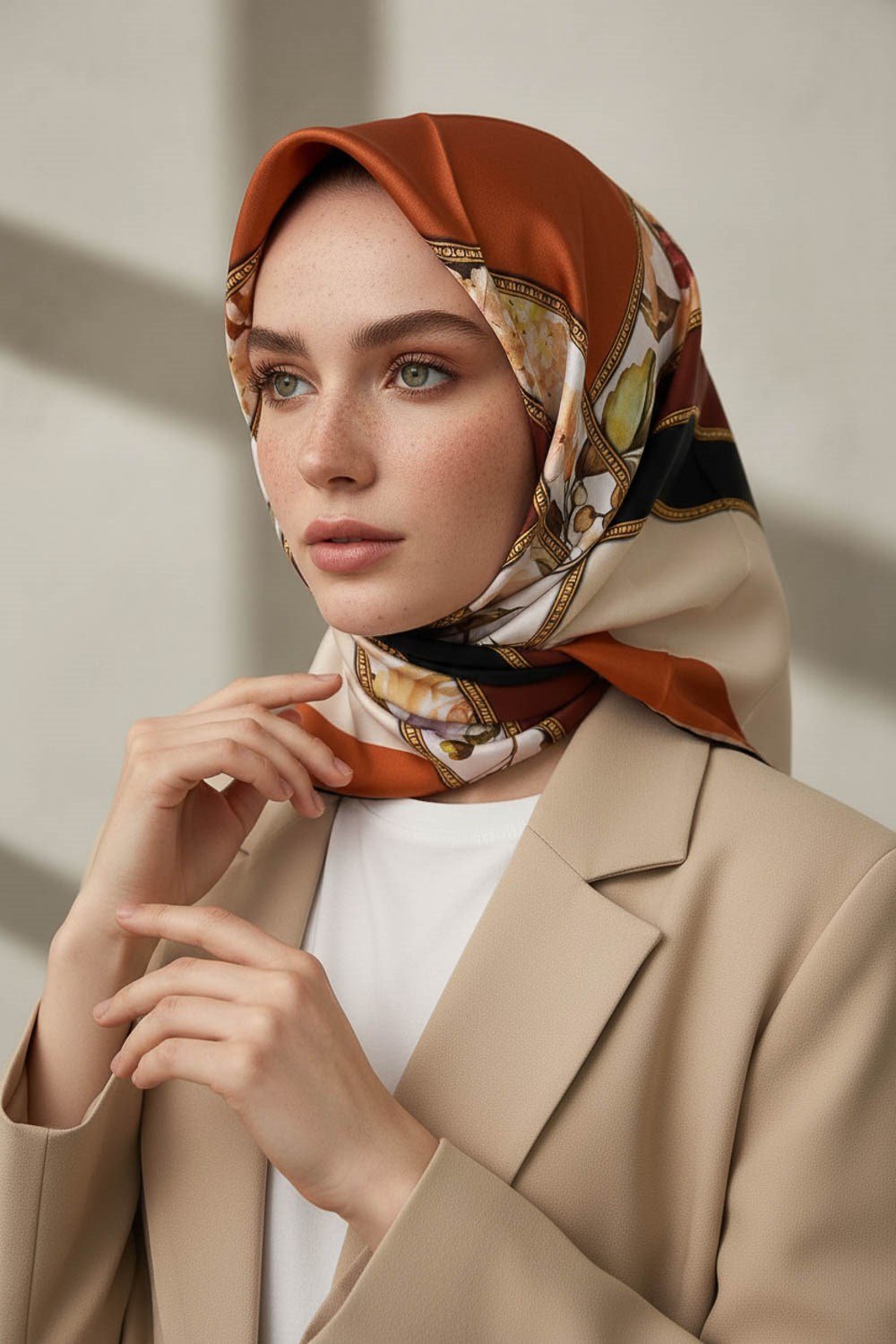 100% Twill İpek Şeritli Çiçek Desenli Taba - Siyah Renkli 90x90 Dikim Şekli : El Dikişi Eşarp