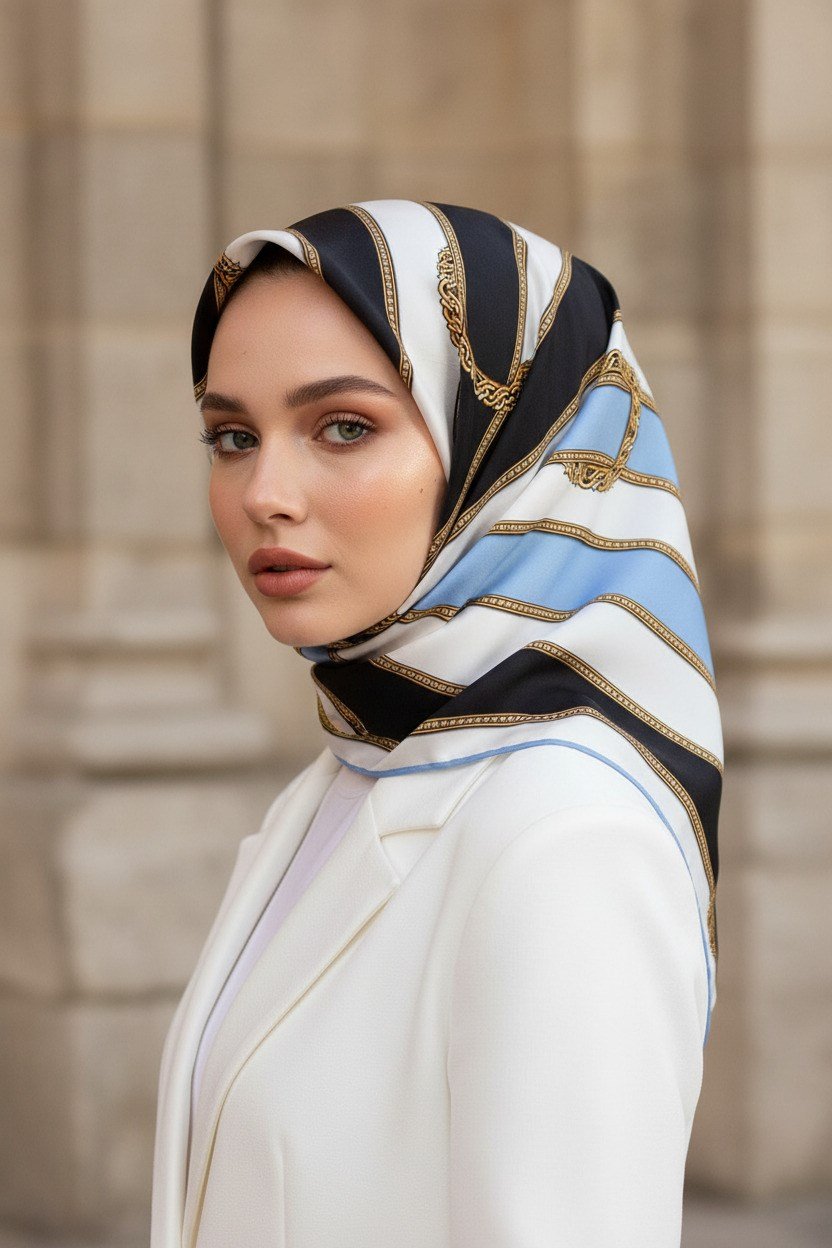 %100 Twill İpek Kemer Desenli Siyah - Bebe Mavisi Renkli 90x90 Eşarp Dikim Şekli : El Dikişi