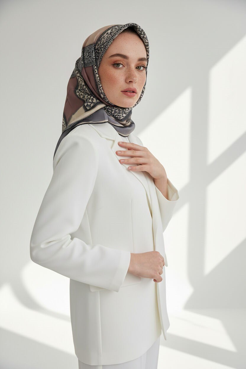 %100 Twill İpek Geometrik Desenli Gri - Pudra Renkli 90x90 Eşarp Dikim Şekli : El Dikişi