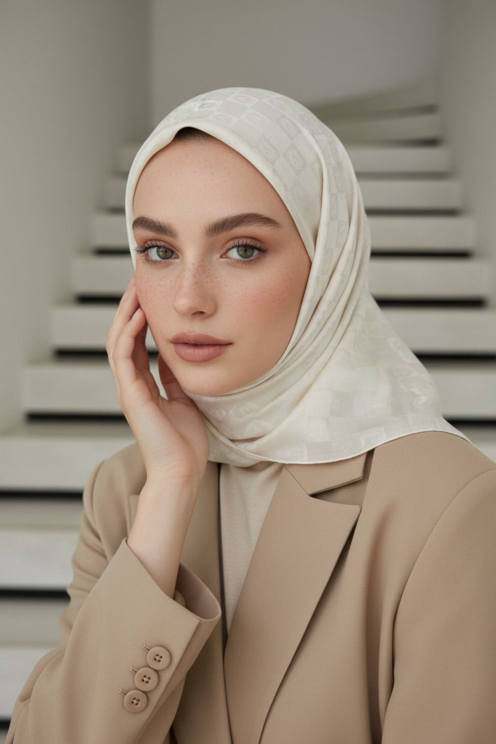 %57 İpek %43 Pamuk Jakarlı Monogram Eşarp 92X92