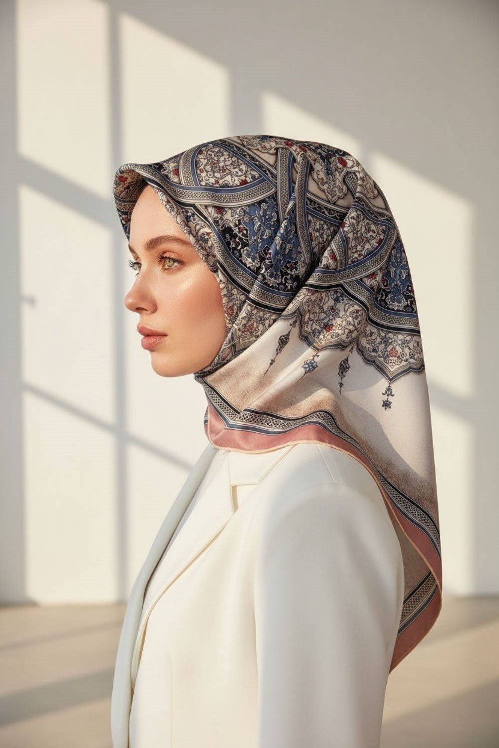 % 57 İPEK % 43 VİSKON Twill İpek Şal Desenli Pudra - Bebe Mavisi Renkli 90x90 Eşarp Dikim Şekli : El Dikişi