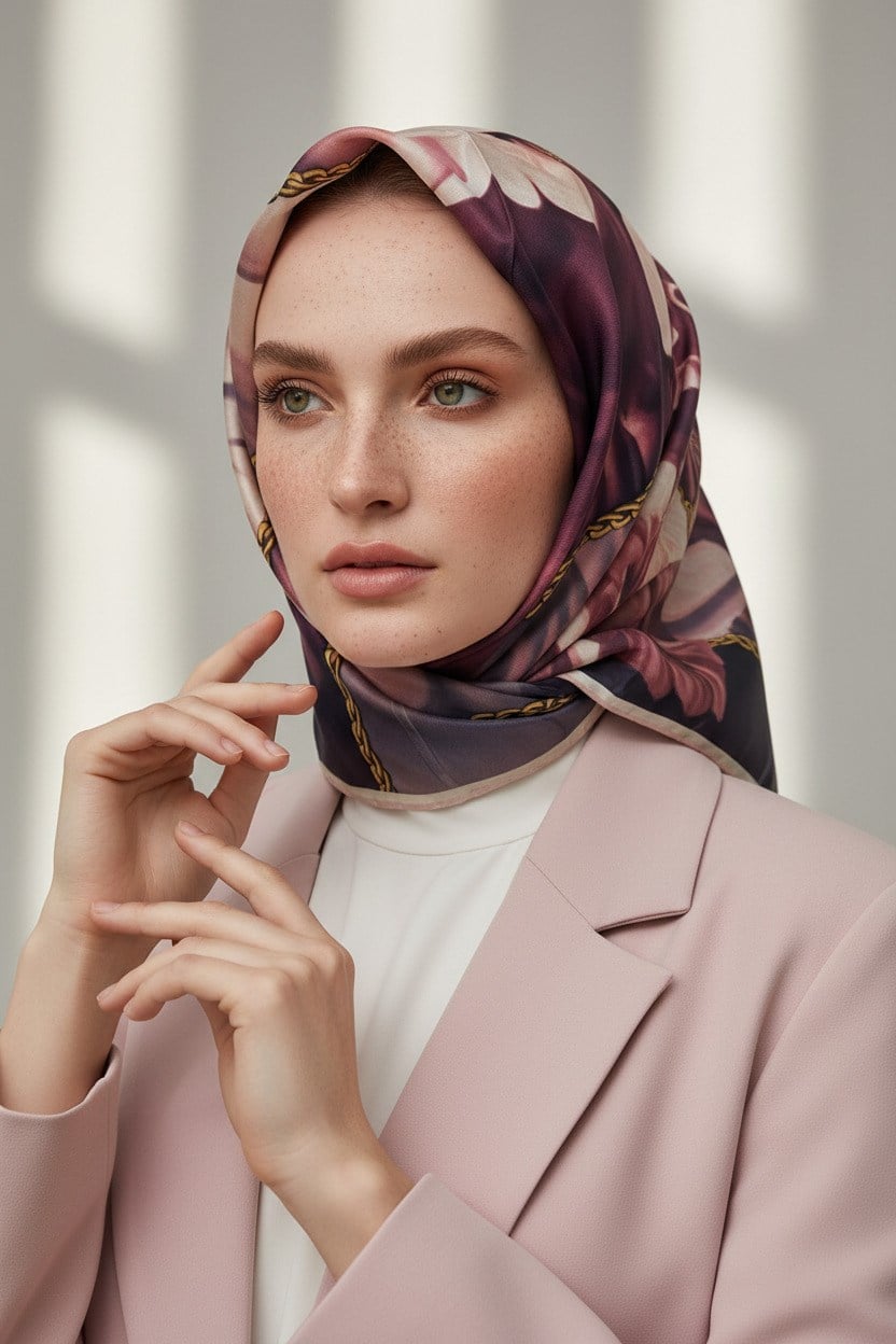 % 57 İPEK % 43 VİSKON Twill İpek Çiçek Geometrik Desenli pudra Renkli 90x90 Eşarp Dikim Şekli : El Dikişi