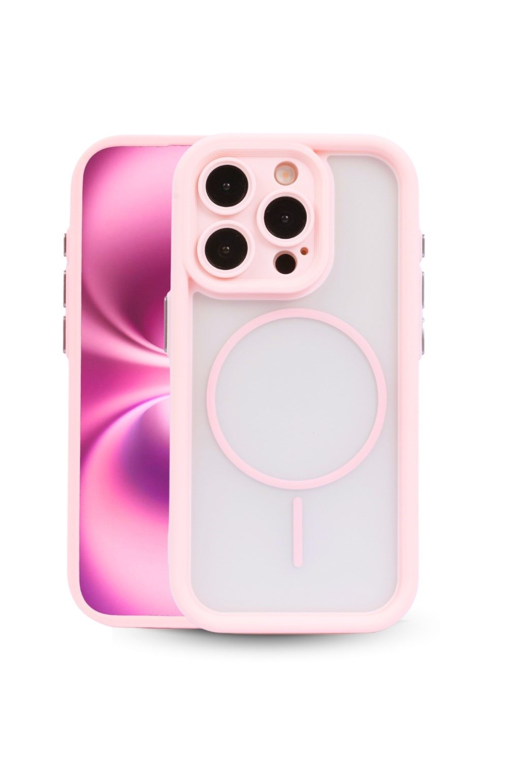 iPhone 15 Pro Kılıf – Kamera Korumalı – MagSafe Uyumlu – Pembe Renk – Mat Silikon Telefon Kılıfı