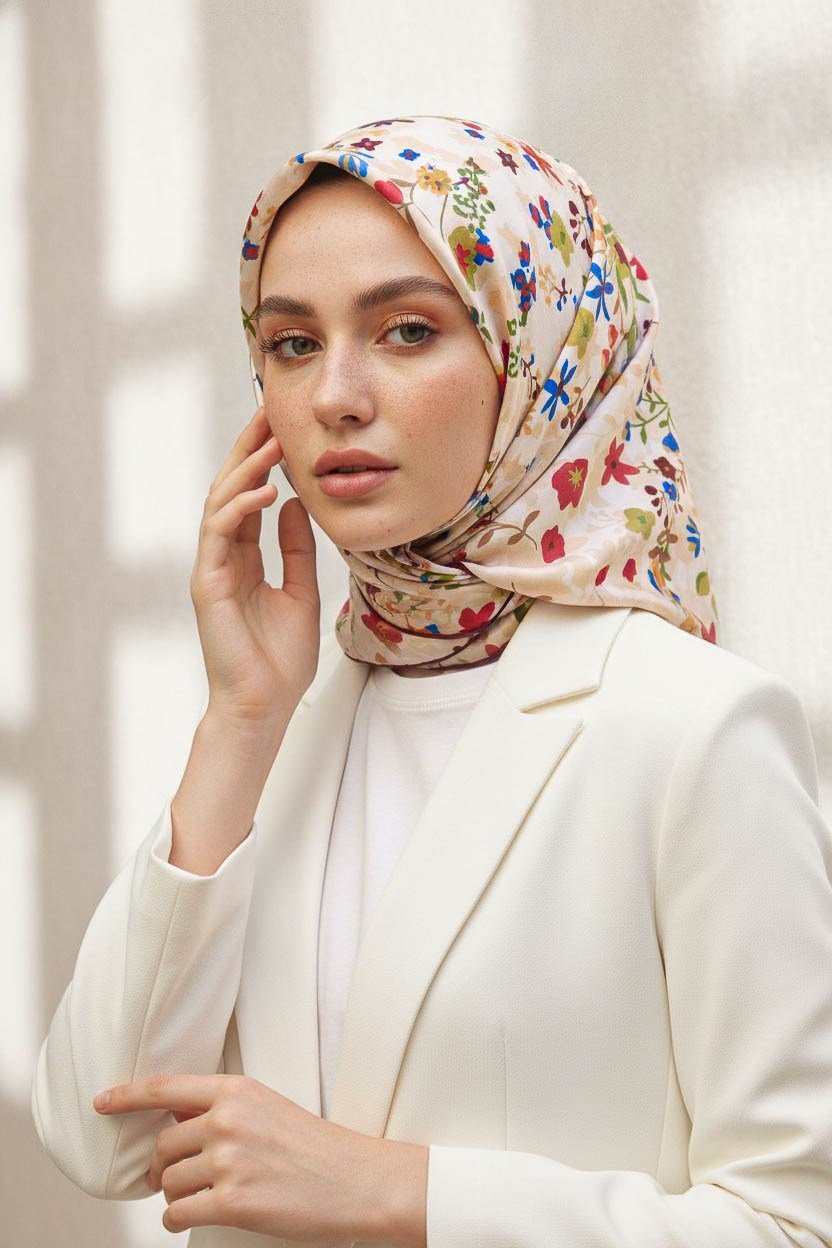 %100 Twill İpek Çıtır Çiçek Desenli Krem - Bordo Renkli 90x90 Eşarp Dikim Şekli : El Dikişi