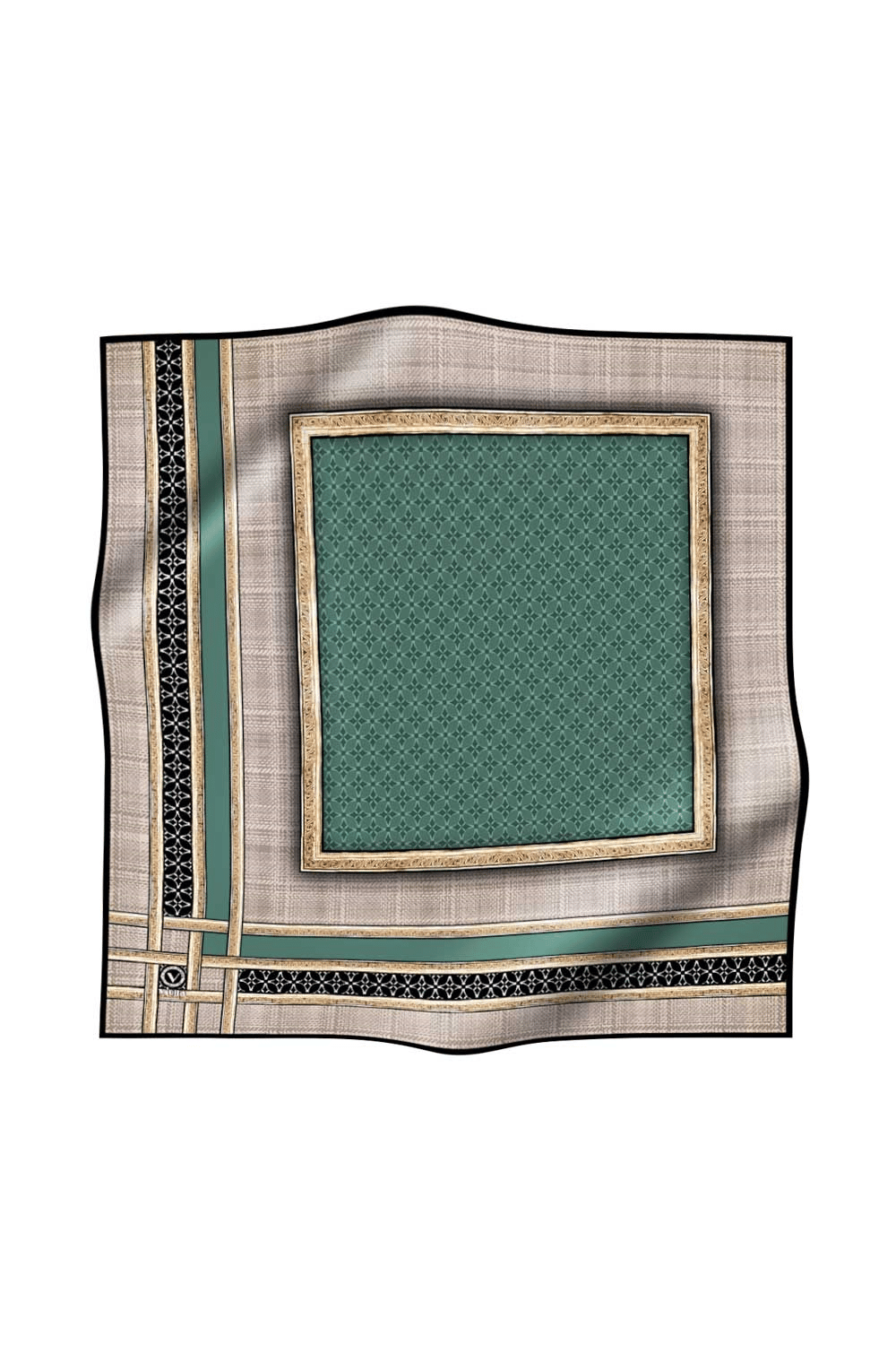 Twill Gold Bordürlü Geometrik Desenli Petrol Yeşili Renkli 90x90 Eşarp (İpek İçermez) Kenar Dikiş Şekli El Dikişli