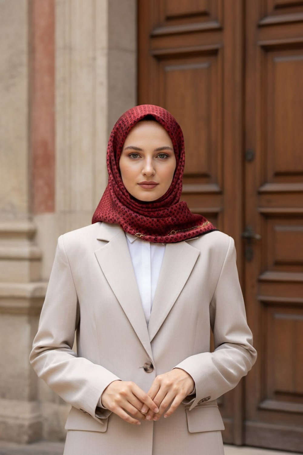 %57 İPEK %43 VİSKON Twill İpek Zincir Desenli Bordo - Siyah Renkli 90x90 Eşarp Dikim Şekli : El Dikişi
