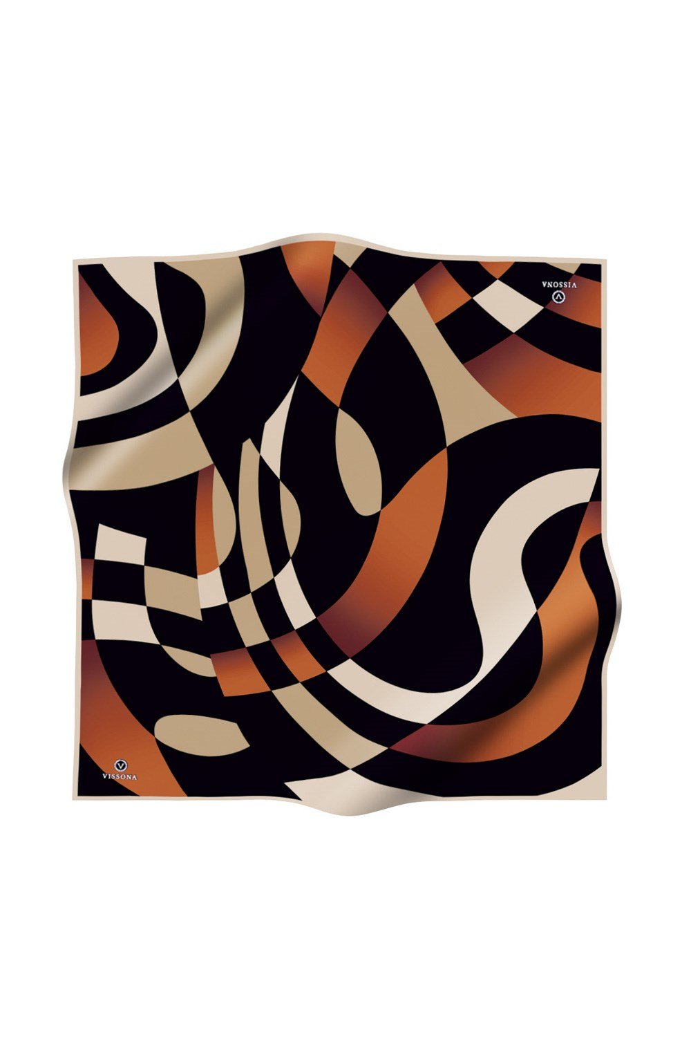 %100 Twill İpek Geometrik Desenli Taba - Bej Renkli 90x90 Eşarp Dikim Şekli : El Dikişi
