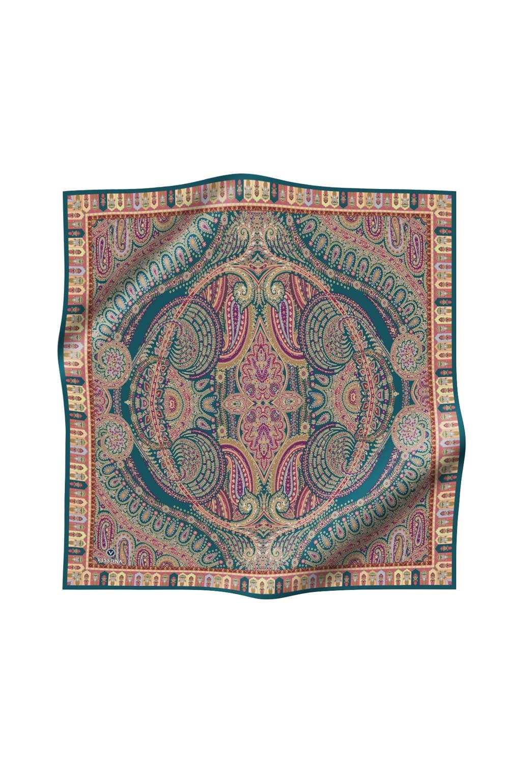%100 Twill İpek Etro Desenli Petrol Mavisi Renkli 90x90 Eşarp Dikim Şekli : El Dikişi