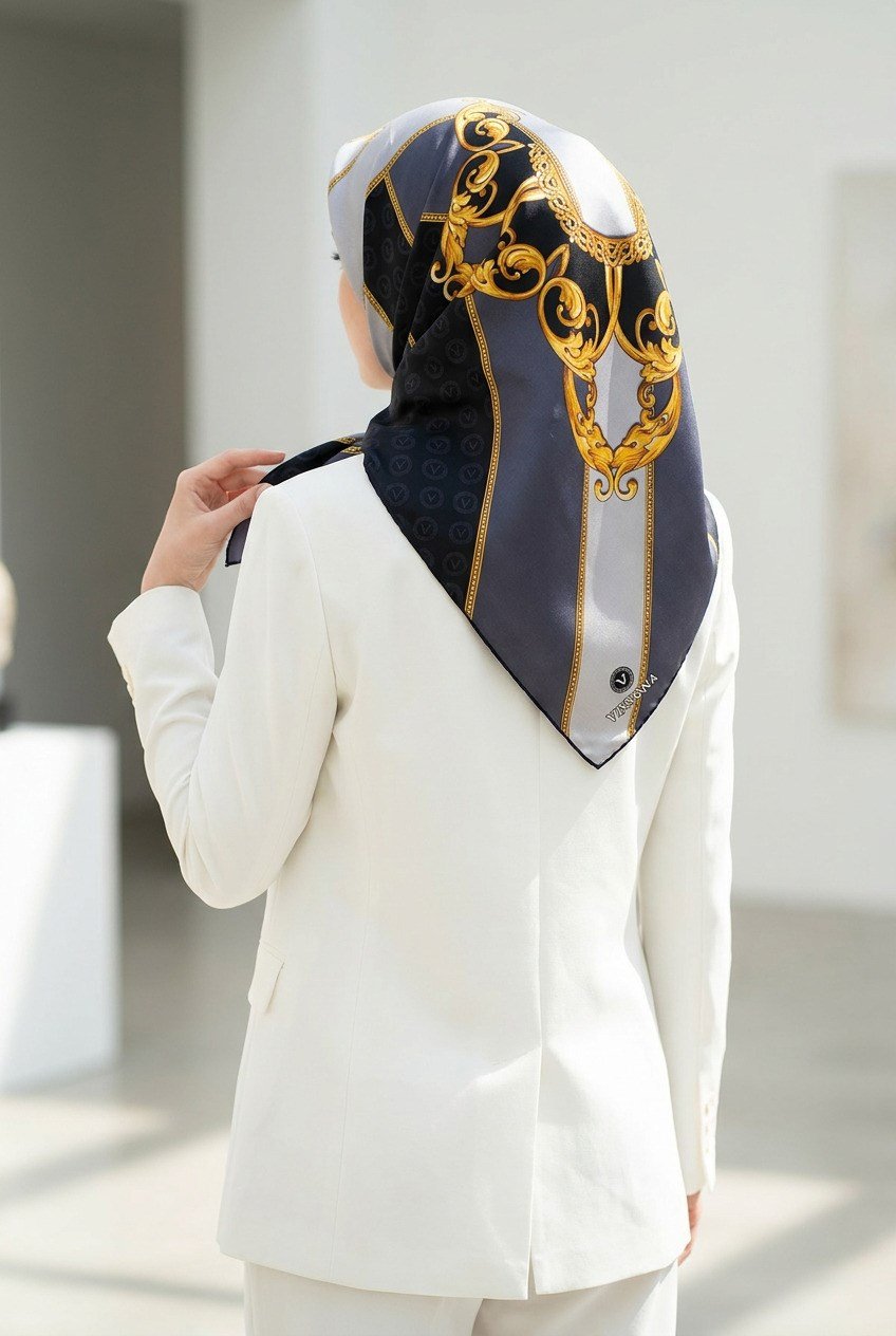 %100 Twill İpek Monogram Ve Barok Desenli Siyah - Gri Renkli 90x90 Eşarp Dikim Şekli : El Dikişi