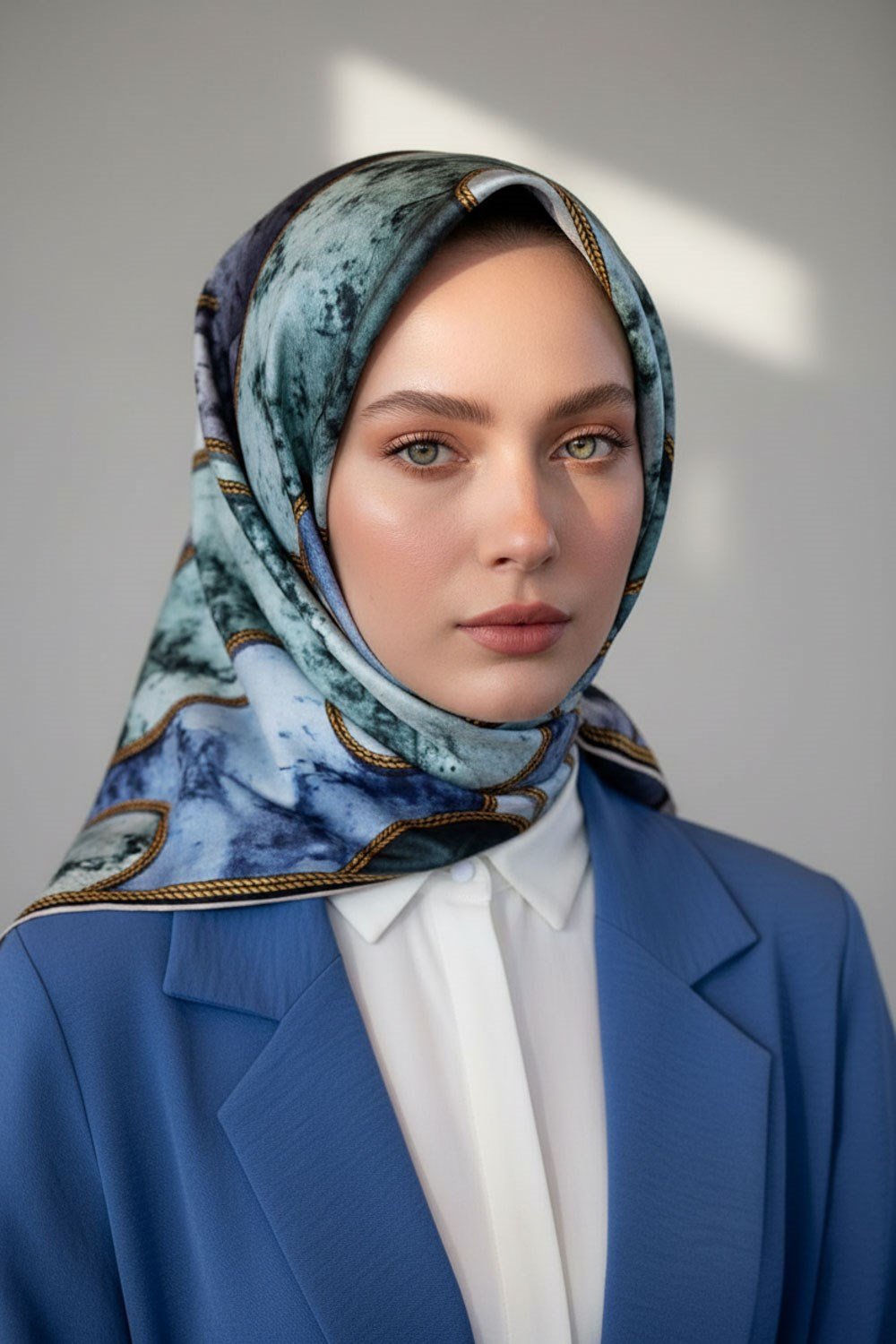 %100 Twill İpek Zincirli Mermer Desenli İndigo - Mint Yeşili Renkli 90x90 Eşarp Dikim Şekli : El Dikişi