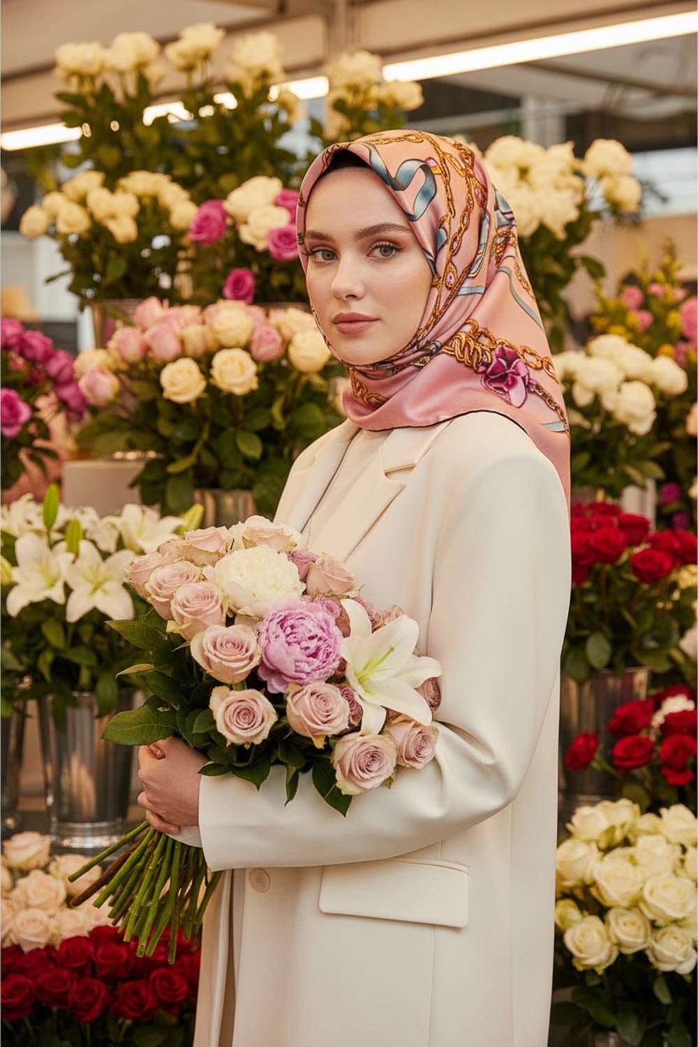 %100 Twill İpek Kurdele Ve Zincir Desenli Pudra Renkli 90x90 Eşarp Dikim Şekli : El Dikişi