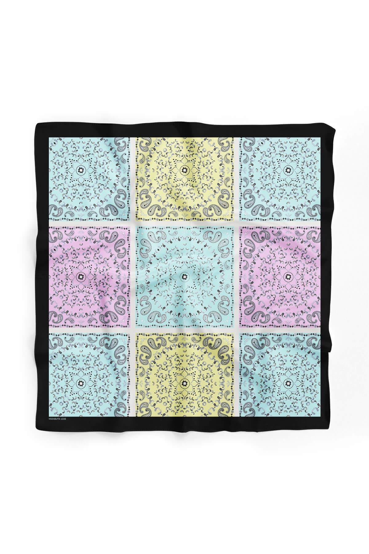Y33 Kadın Sarı Turkuaz Kareli Desenli 50x50 Bandana HYL DG01226-22