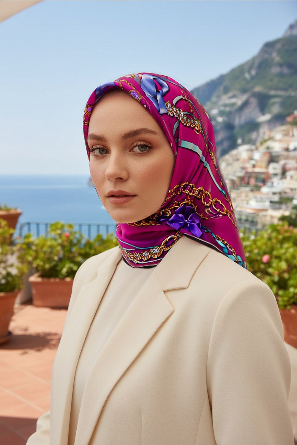 %100 Twill İpek Kurdele Ve Zincir Desenli Fuşya Renkli 90x90 Eşarp Dikim Şekli : El Dikişi
