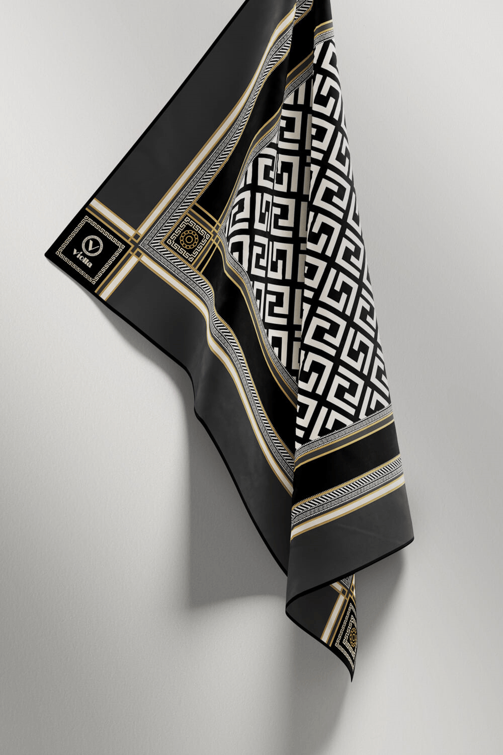 Twill Antik Desenli Füme Renkli 90x90 Eşarp (İpek İçermez) Kenar Dikiş Şekli El Dikişli