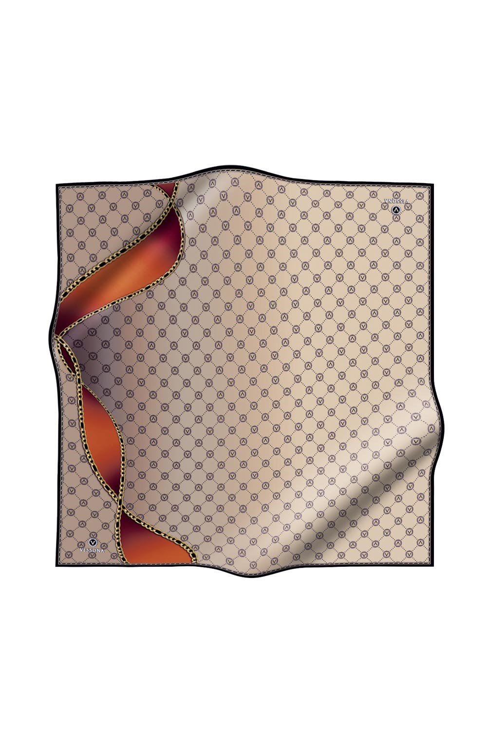 %100 Twill İpek Zincirli Ve Monogram Desenli Bej - Taba Renkli 90x90 Eşarp Dikim Şekli : El Dikişi