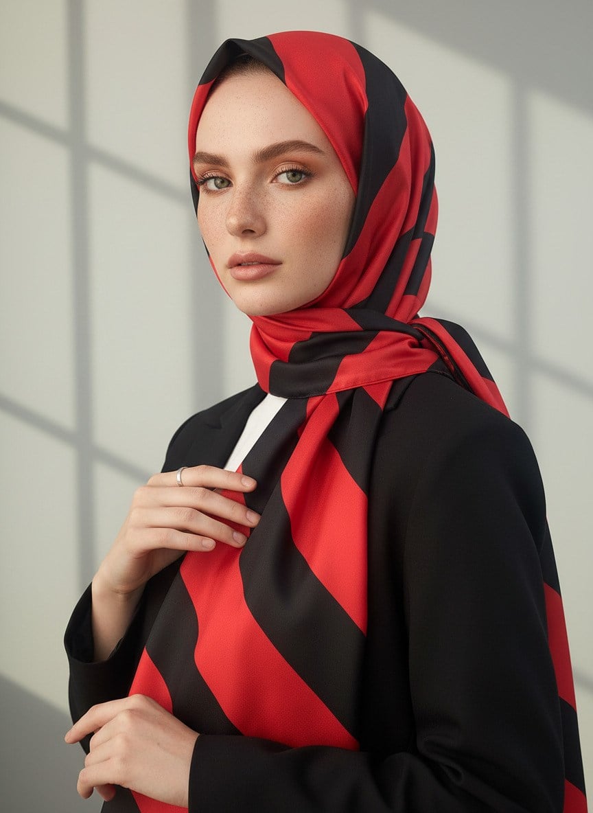 %100 Saf İpek Şal İnce Saten Vual Dokuma Çizgili Desenli Kırmızı - Siyah Renkli 90x210 Şal