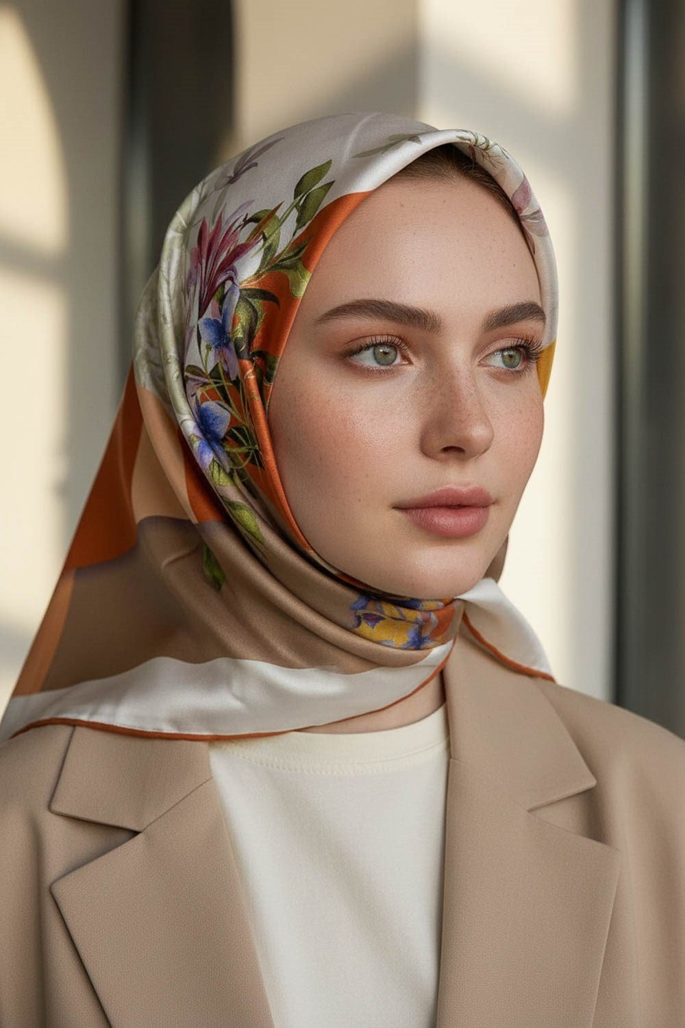 %100 Twill İpek Kareli Ve Çıtır Çiçek Desenli Taba - Gold Renkli 90x90 Eşarp Dikim Şekli : El Dikişi