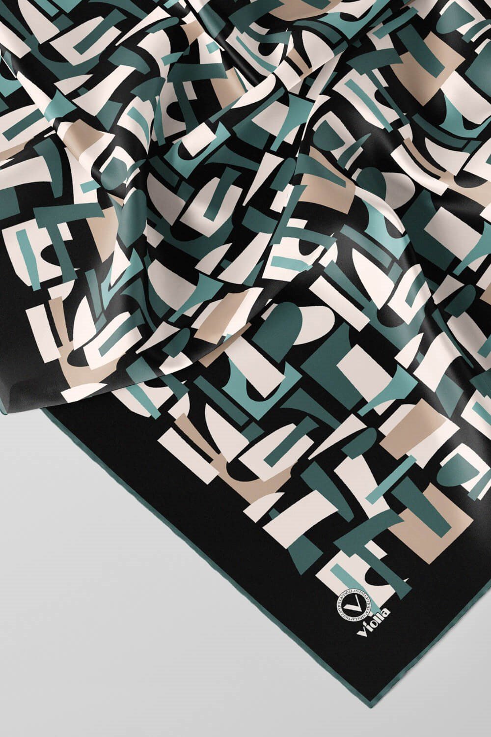 Twill Geometrik Desenli Mint Yeşili - Bej Renkli 90x90 Eşarp (İpek İçermez) Dikim Şekli : El Dikişi