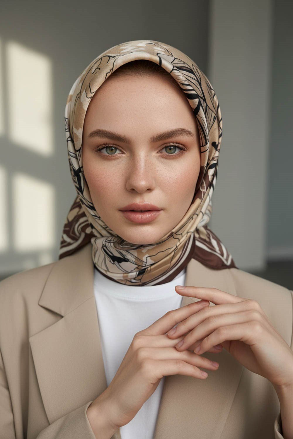 %100 Twill İpek Yaprak Desenli Kahverengi - Bej Renkli 90x90 Eşarp Dikim Şekli : El Dikişi