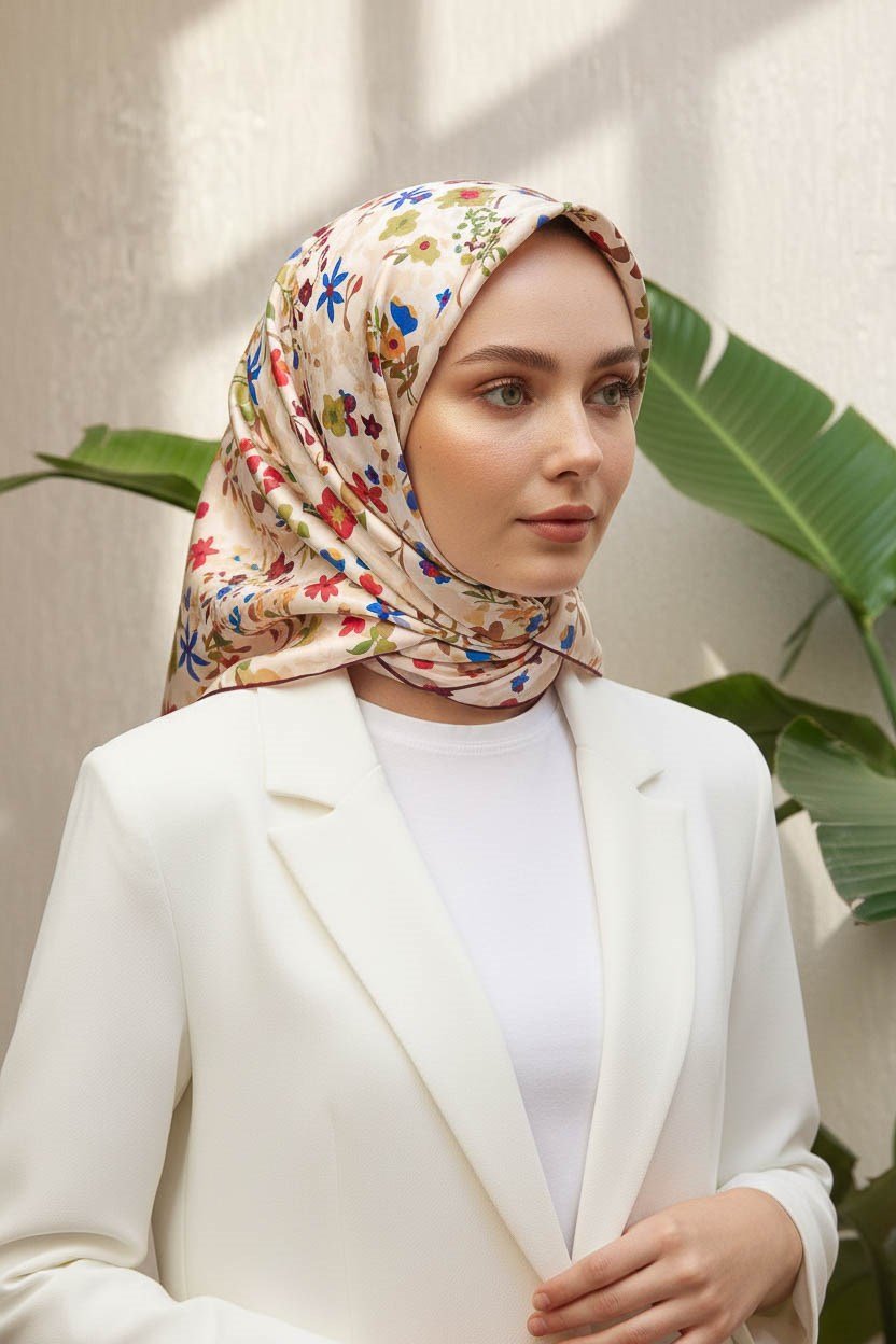 %100 Twill İpek Çıtır Çiçek Desenli Krem - Bordo Renkli 90x90 Eşarp Dikim Şekli : El Dikişi