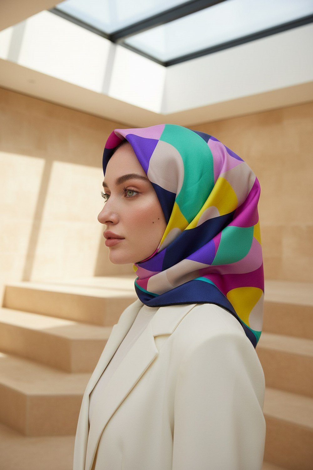 %100 Twill Renk Bloklu Çizgili Desenli Pembe - Lacivert Renkli 90x90 Eşarp Dikim Şekli: El Dikişii