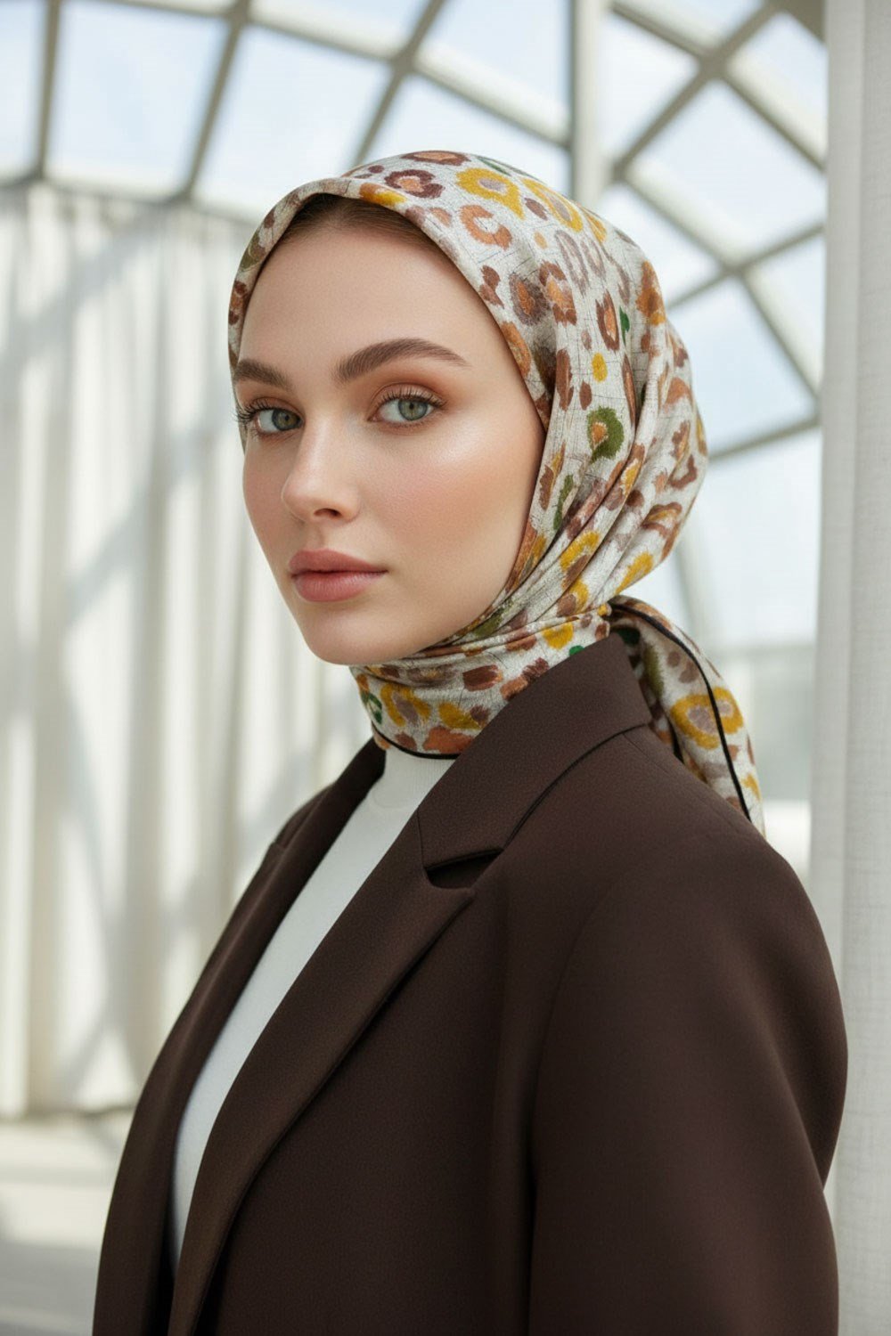 %100 Twill İpek Renkli Leopari Desenli Turuncu - Zümrüt Yeşili Renkli 90x90 Eşarp Kenar Dikiş Şekli El Dikişli