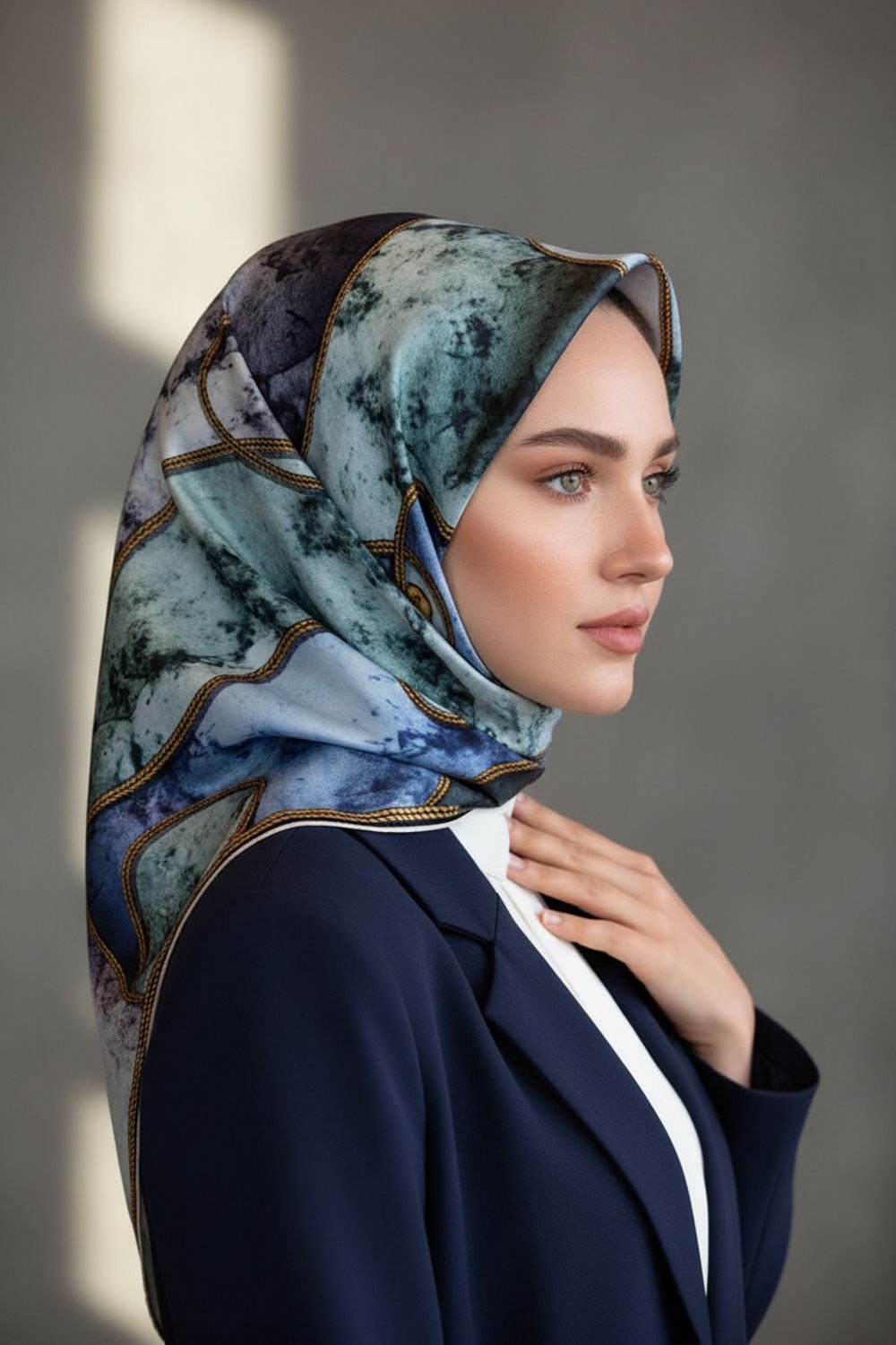 %100 Twill İpek Zincirli Mermer Desenli İndigo - Mint Yeşili Renkli 90x90 Eşarp Dikim Şekli : El Dikişi