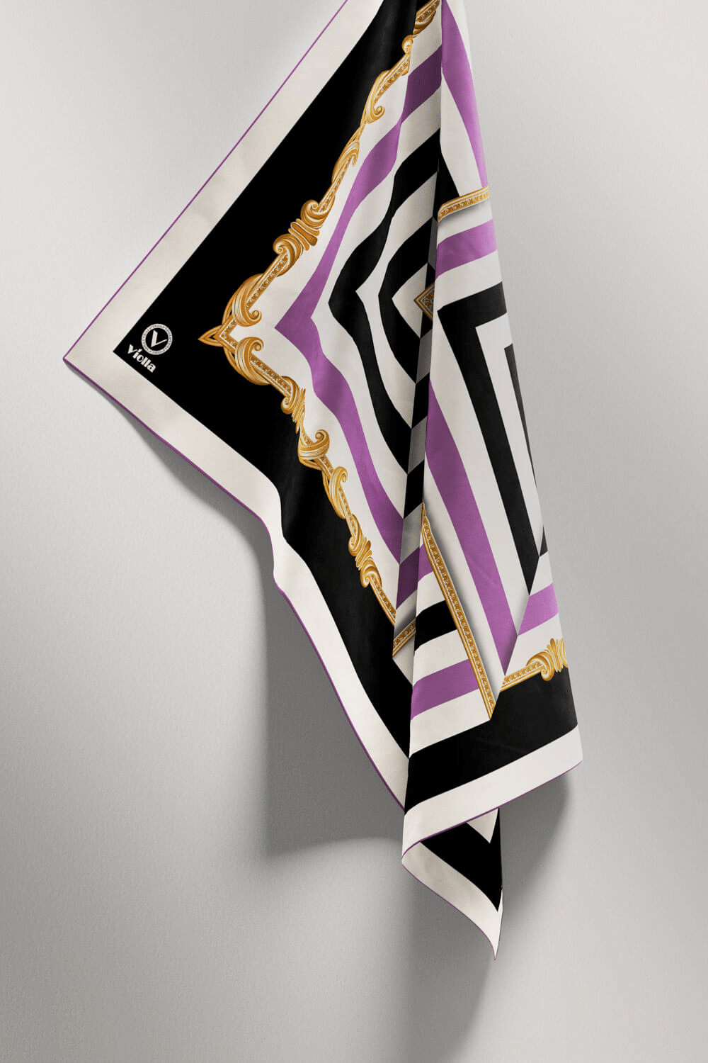 Twill Geometrik Desenli Lila Renkli 90x90 Eşarp (İpek İçermez) Kenar Dikiş Şekli El Dikişli