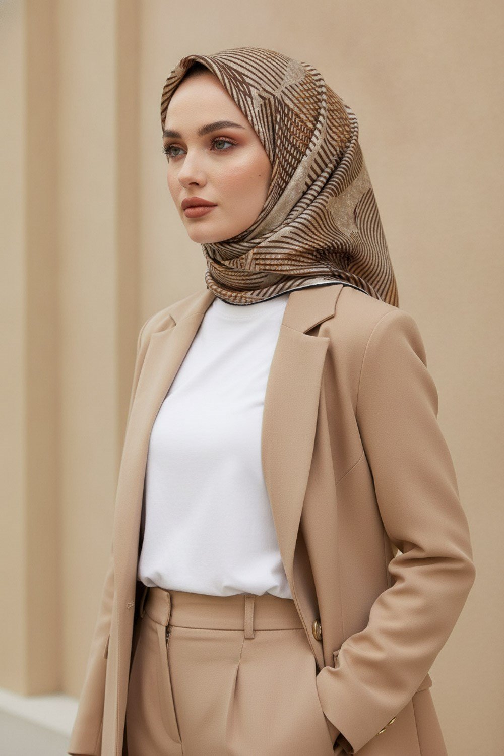 %100 Twill İpek Çizgili Çiçek Desenli Vizon - Taş Renkli 90x90 Eşarp Dikim Şekli : El Dikişi