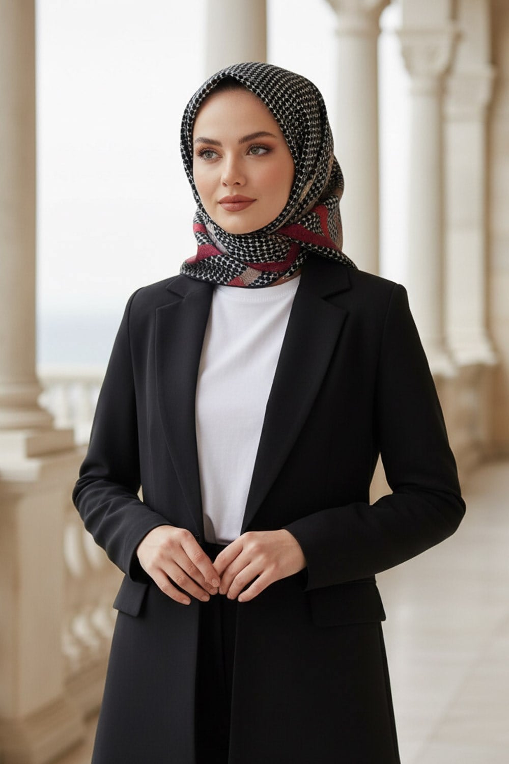 %100 Twill İpek Bantlı Monogram Desenli Siyah - Kırmızı Renkli 90x90 Eşarp Dikim Şekli : El Dikişi