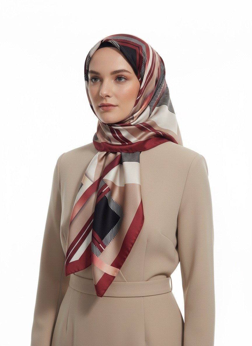 %100 Twill İpek Zebra Desenli Bej - Bordo Renkli 90x90 Eşarp Dikim Şekli : El Dikişi