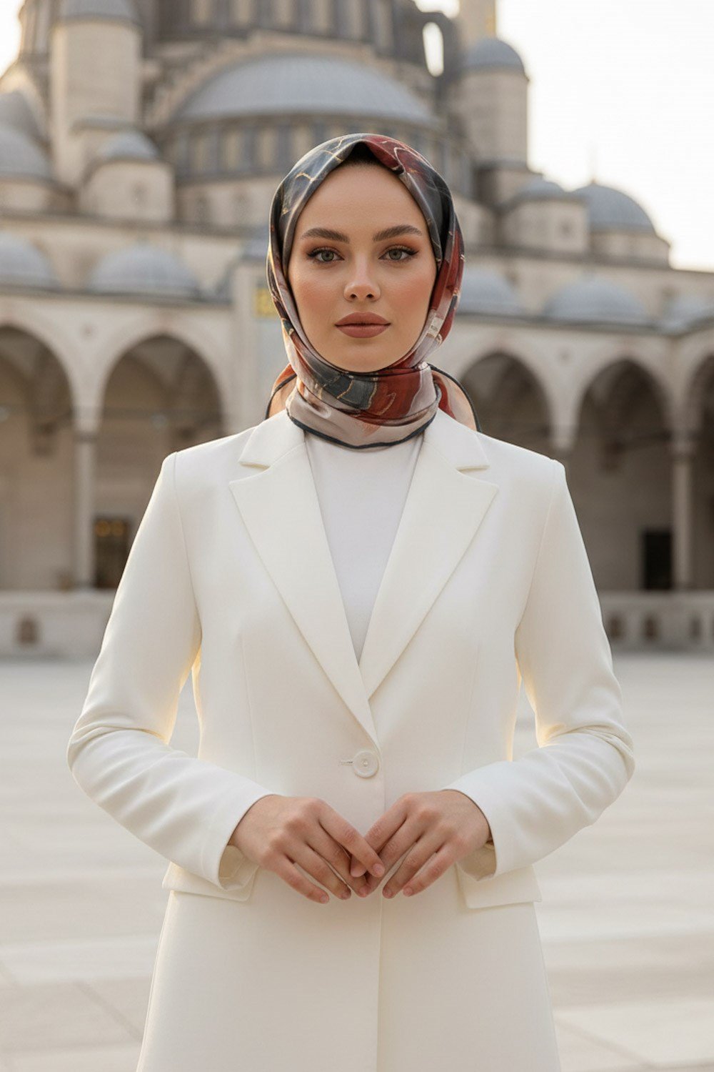 %100 Twill İpek Batik Desenli Nar Çiçeği - Petrol Yeşili Renkli 90x90 Eşarp Dikim Şekli : El Dikişi