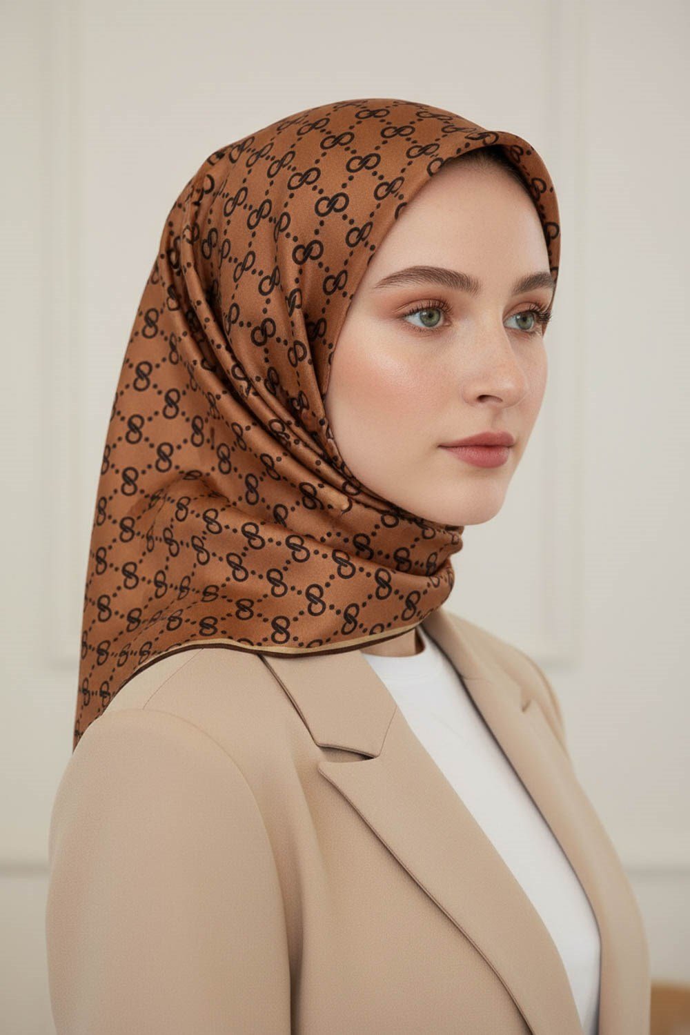 %100 Twill İpek Geometrik Desenli Kahverengi - Taba Renkli 90x90 Eşarp Dikim Şekli : El Dikişi