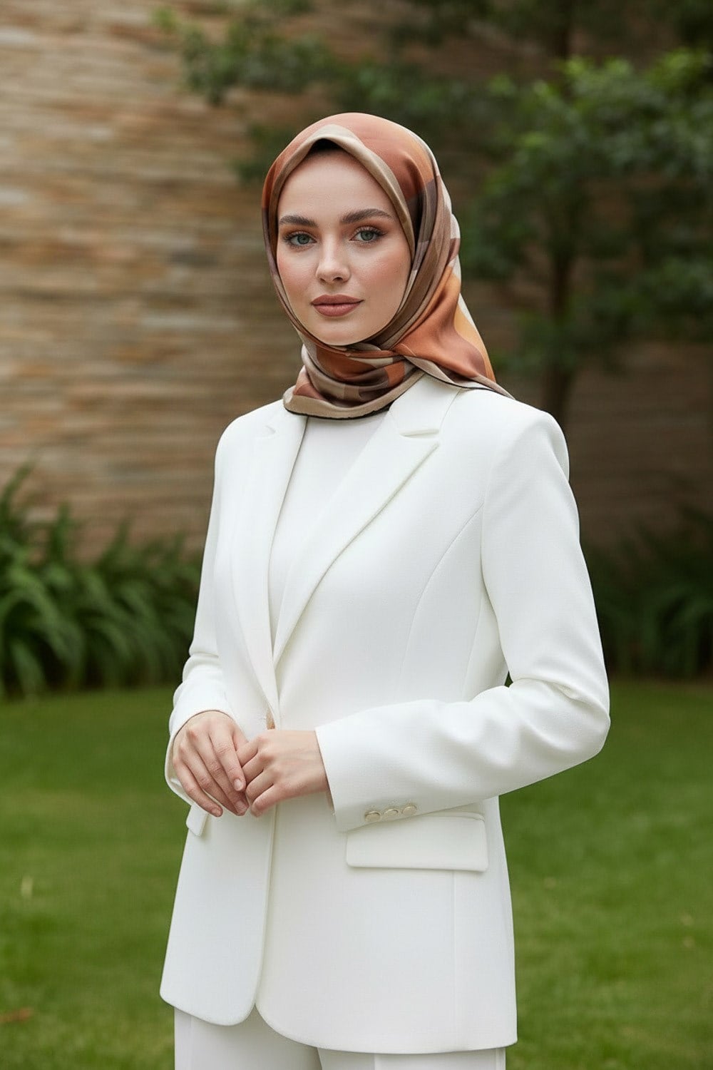 % 57 İPEK % 43 VİSKON Twill İpek Geometrik Desenli Kahverengi - Taba Renkli 90x90 Eşarp Dikim Şekli : El Dikişi