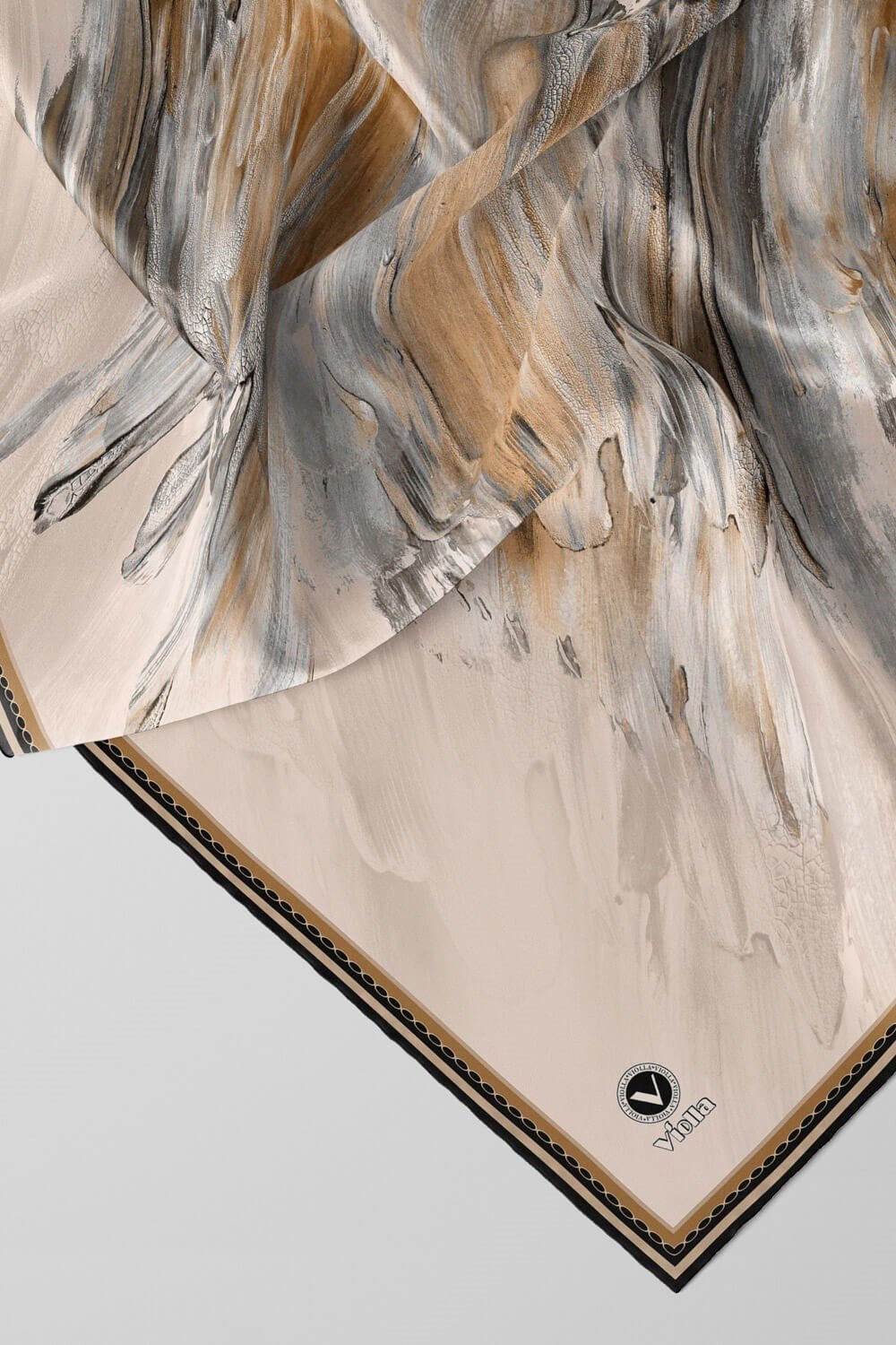 Twill Fırça Darbesi Desenli Bej Renkli 90x90 Eşarp (İpek İçermez) Dikim Şekli : El Dikişi