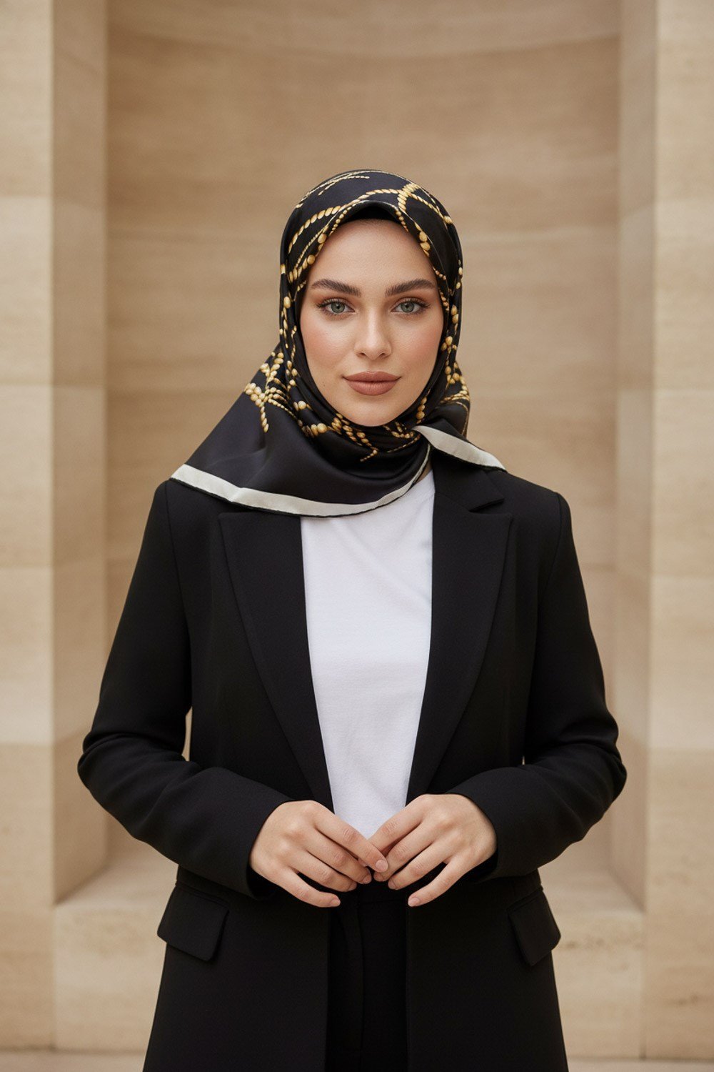 %100 Twill İpek İnci Desenli Siyah Renkli 90x90 Eşarp Kenar Dikiş Şekli : El Dikişli