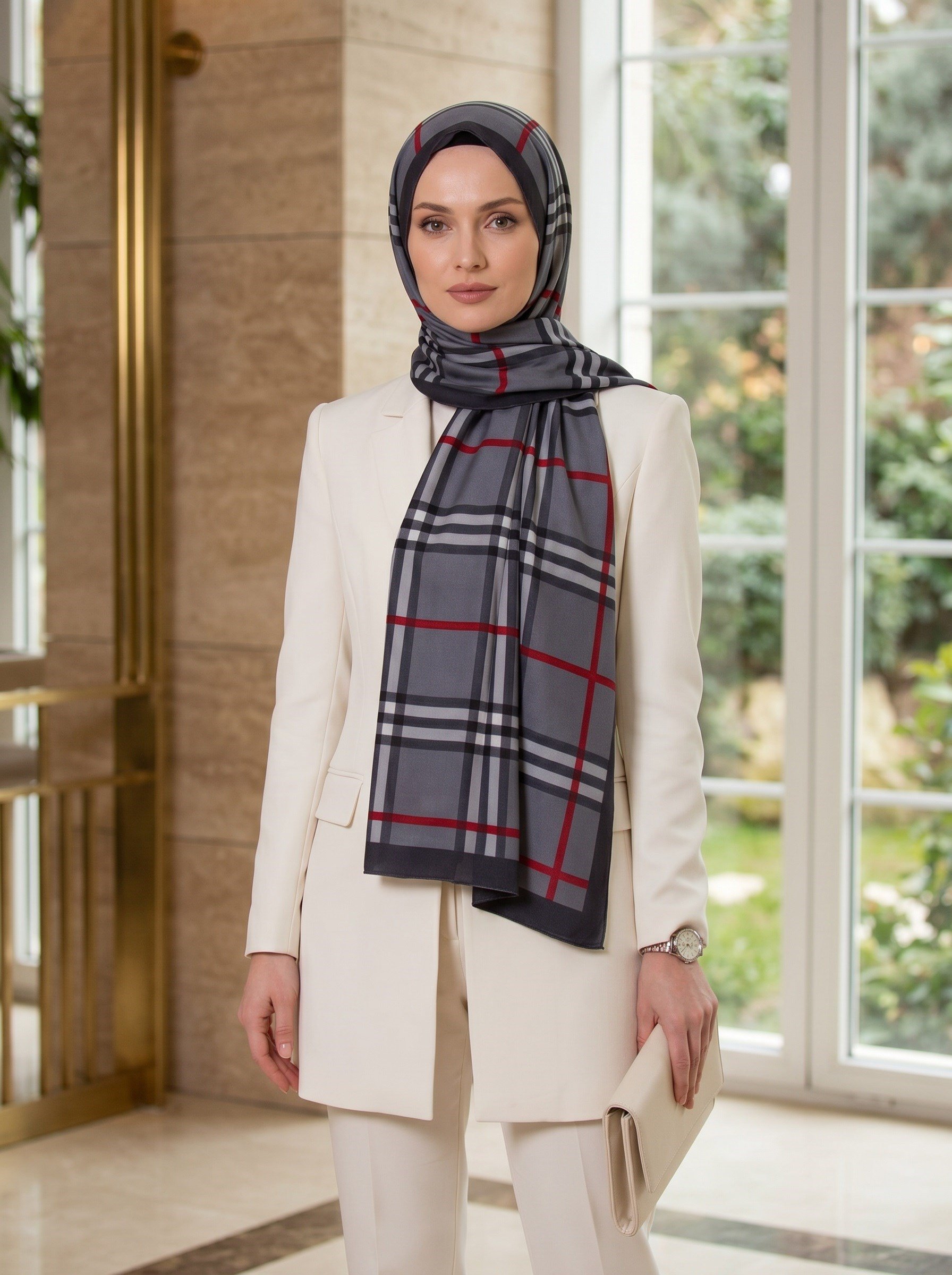 KREP EKOSE DESENLİ SİYAH - KIRMIZI RENKLİ 75X195 KIRIŞMAZ ŞAL