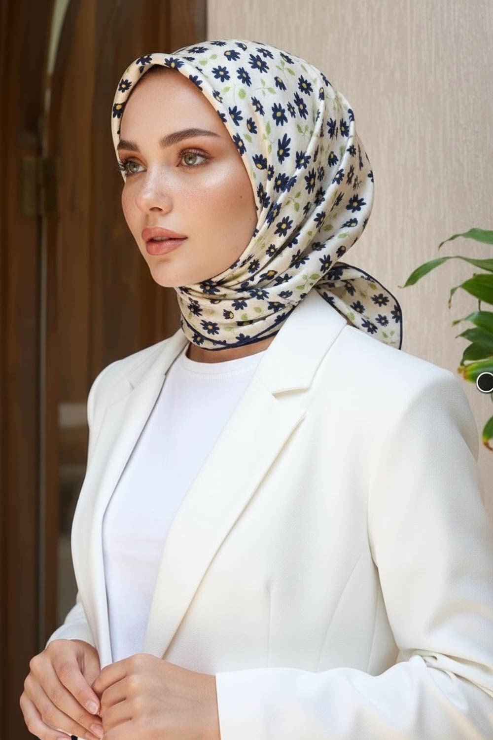 %100 Twill İpek Papatya Desenli Krem - Lacivert Renkli 90x90 Eşarp Dikim Şekli : El Dikişi