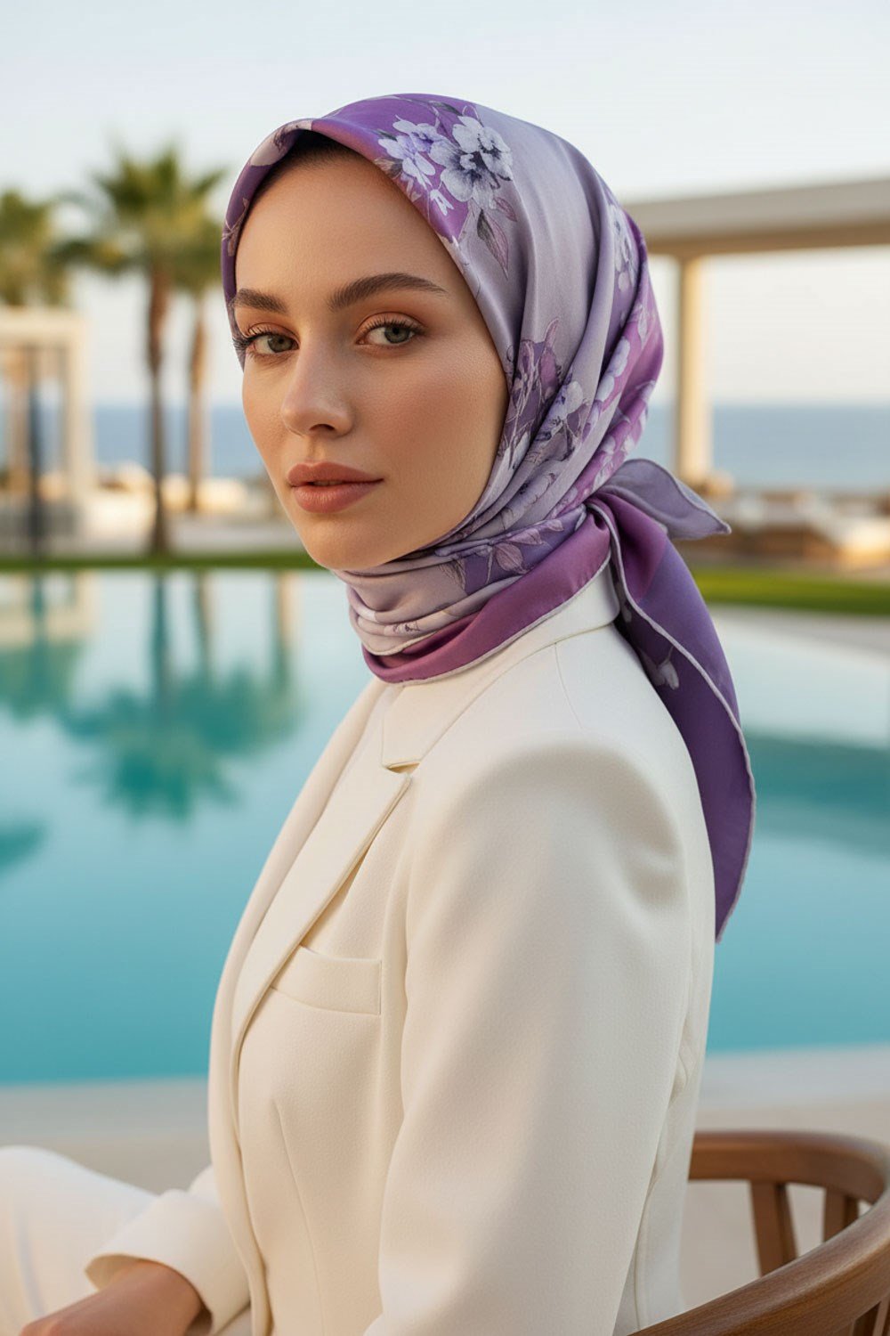 %100 Twill İpek Geometrik Ve Çiçek Desenli Pembe - Lila Renkli 90x90 Eşarp Dikim Şekli : El Dikişi