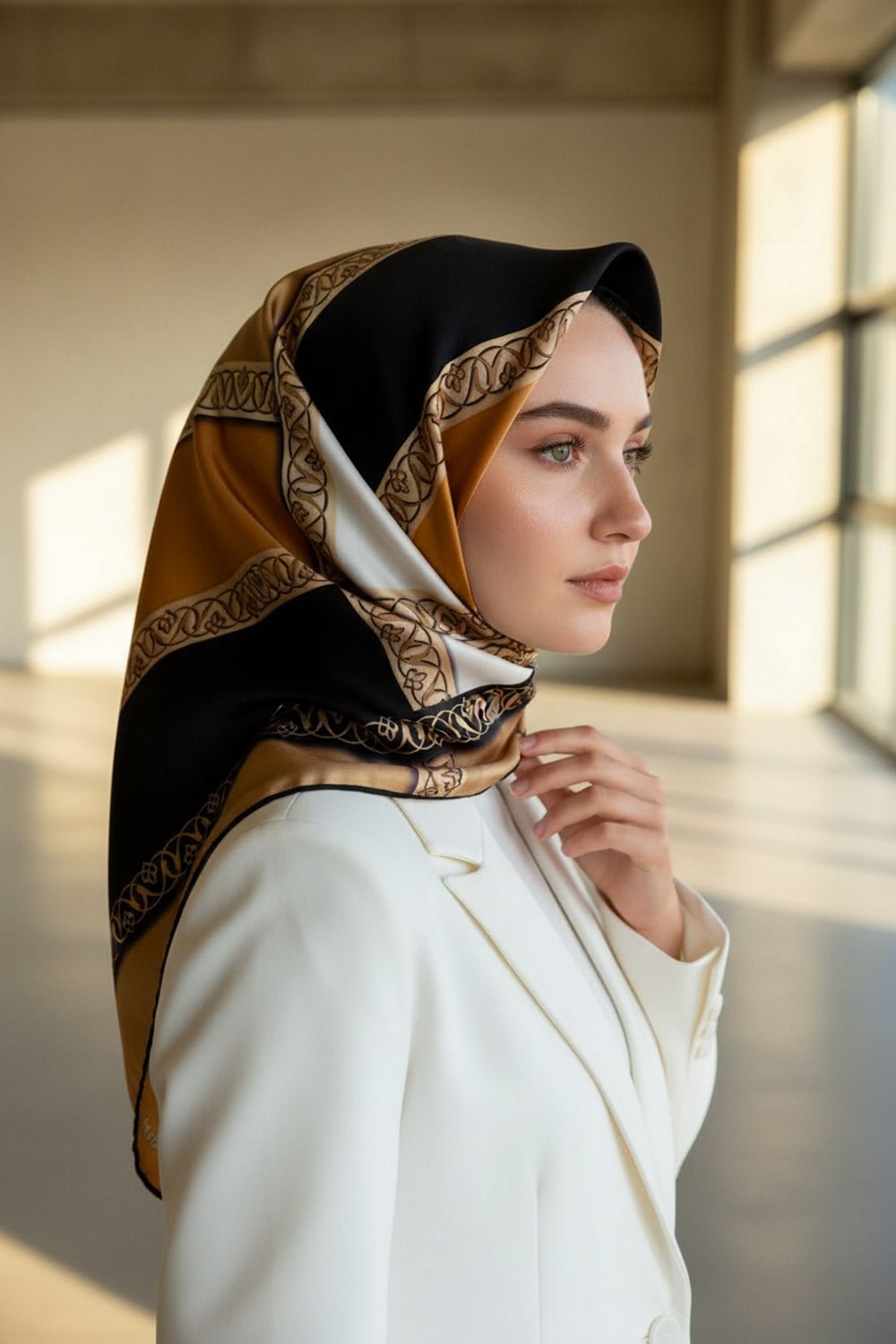%100 Twill İpek Geometrik Desenli Gold - Siyah Renkli 90x90 Eşarp Dikim Şekli : El Dikişi