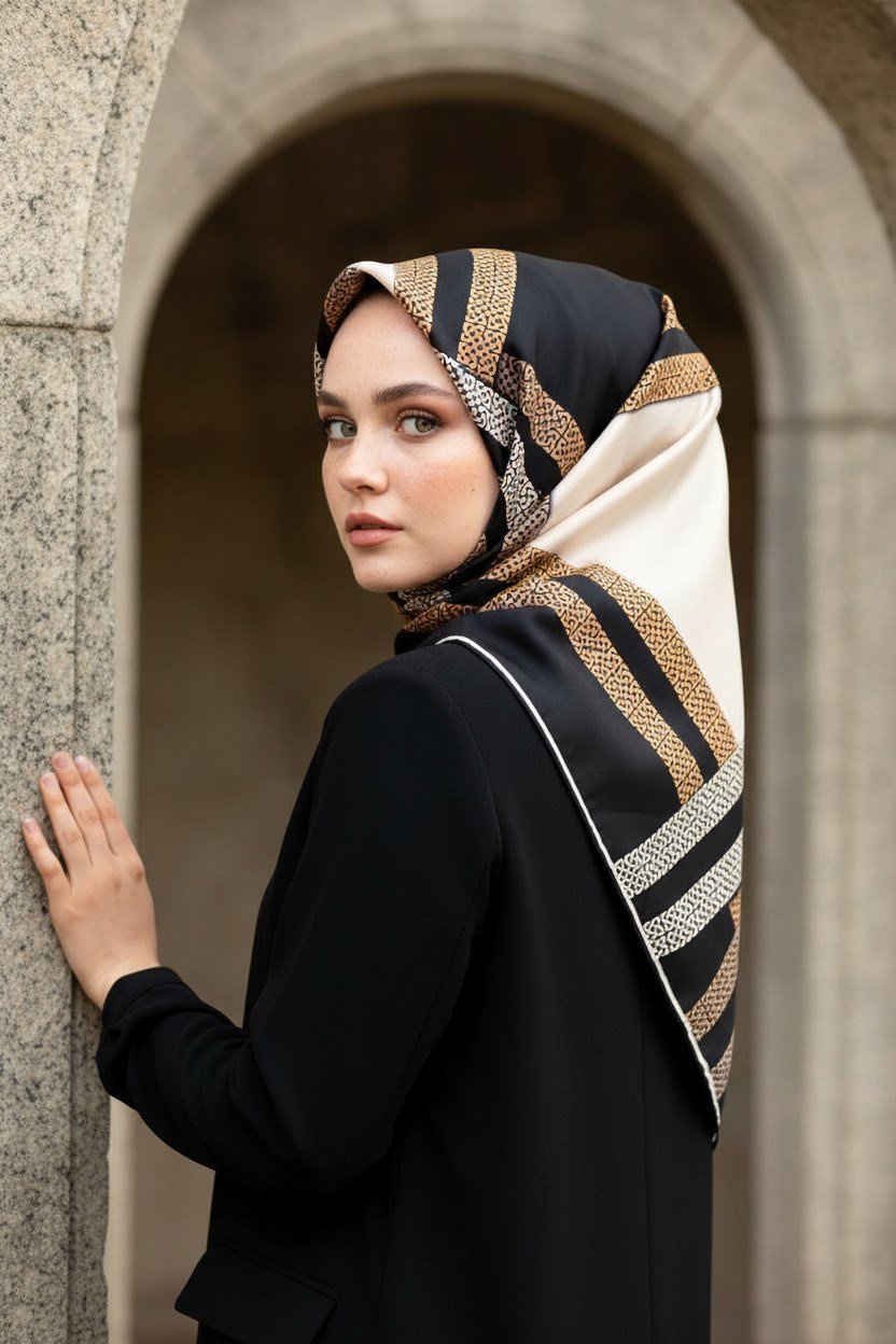 % 57 İPEK % 43 VİSKON Twill İpek Geometrik Desenli Siyah - Krem Renkli 90x90 Eşarp Dikim Şekli : El Dikişi